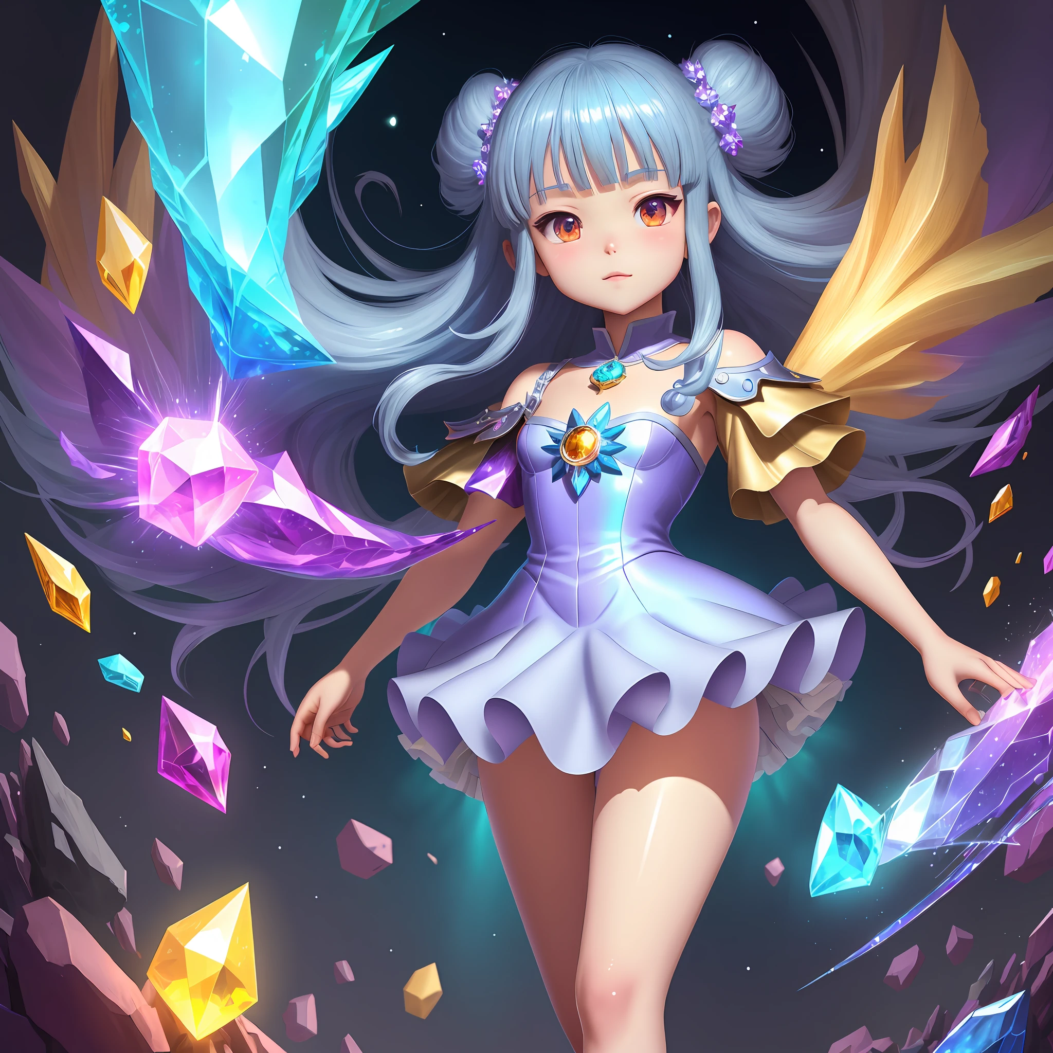 ultra detailed cute chibi girl with flowy dress, full body, looting lots of faceted gems, dynamic pose, holographic, light particles, stuningly detailed gems dungeon, lots of detailed gems looting, five fingers on each hand, ultra detailed illustration by hayao miyazaki and Makoto Shinkai, wlop, ni no kuni, hit definition, contrasting colors, colorful holographic gems, 32k resolution, best quality, volumetric lighting, best quality, masterpiece, very high saturation