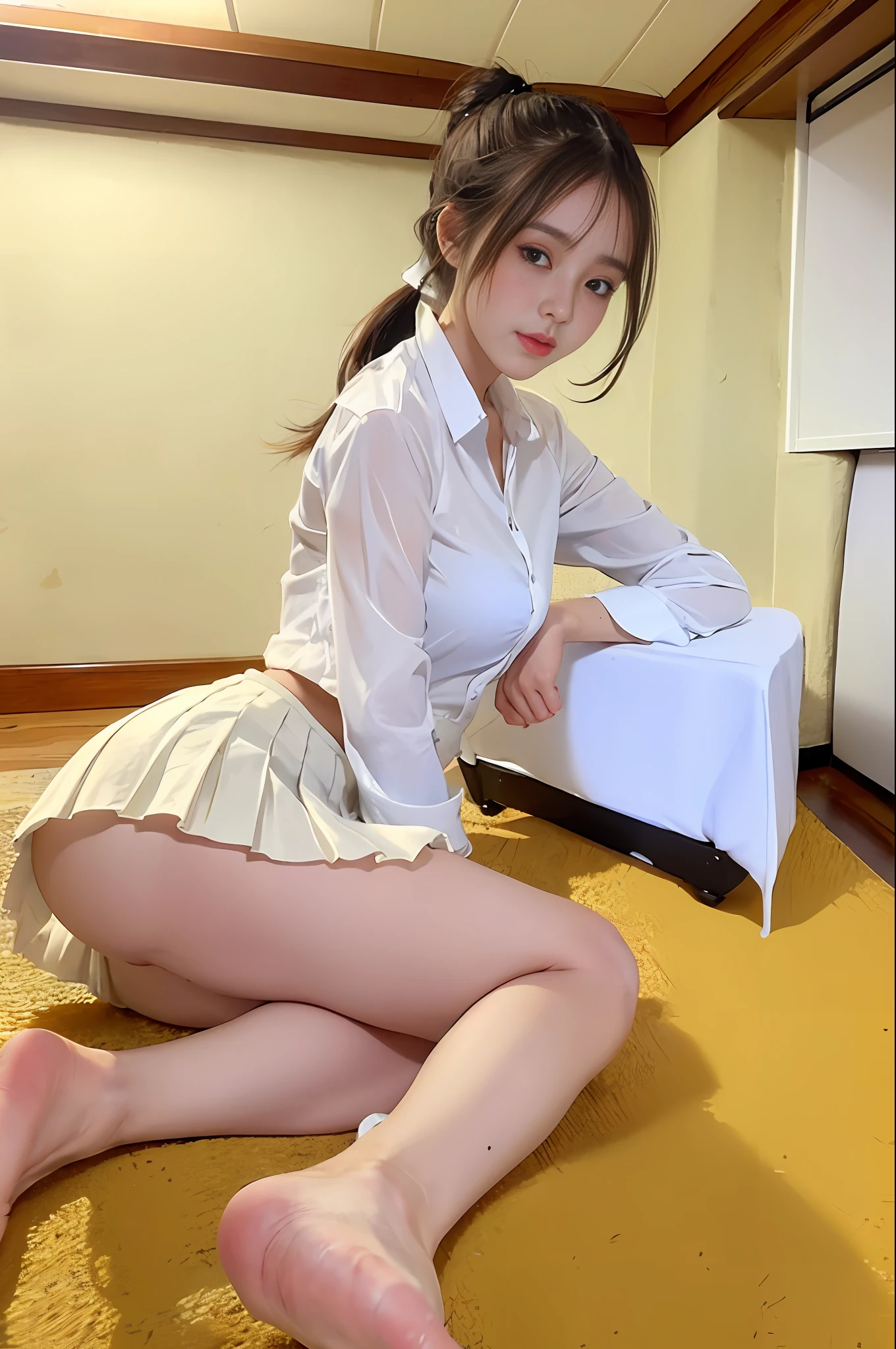 Realistic, high resolution, 1 girl, white high ponytail long hair, korean, brown eyes, small moles under the eyes, freckles dense, white shirt, pleated short skirt, room, thickest thighs, rubbing leg roots