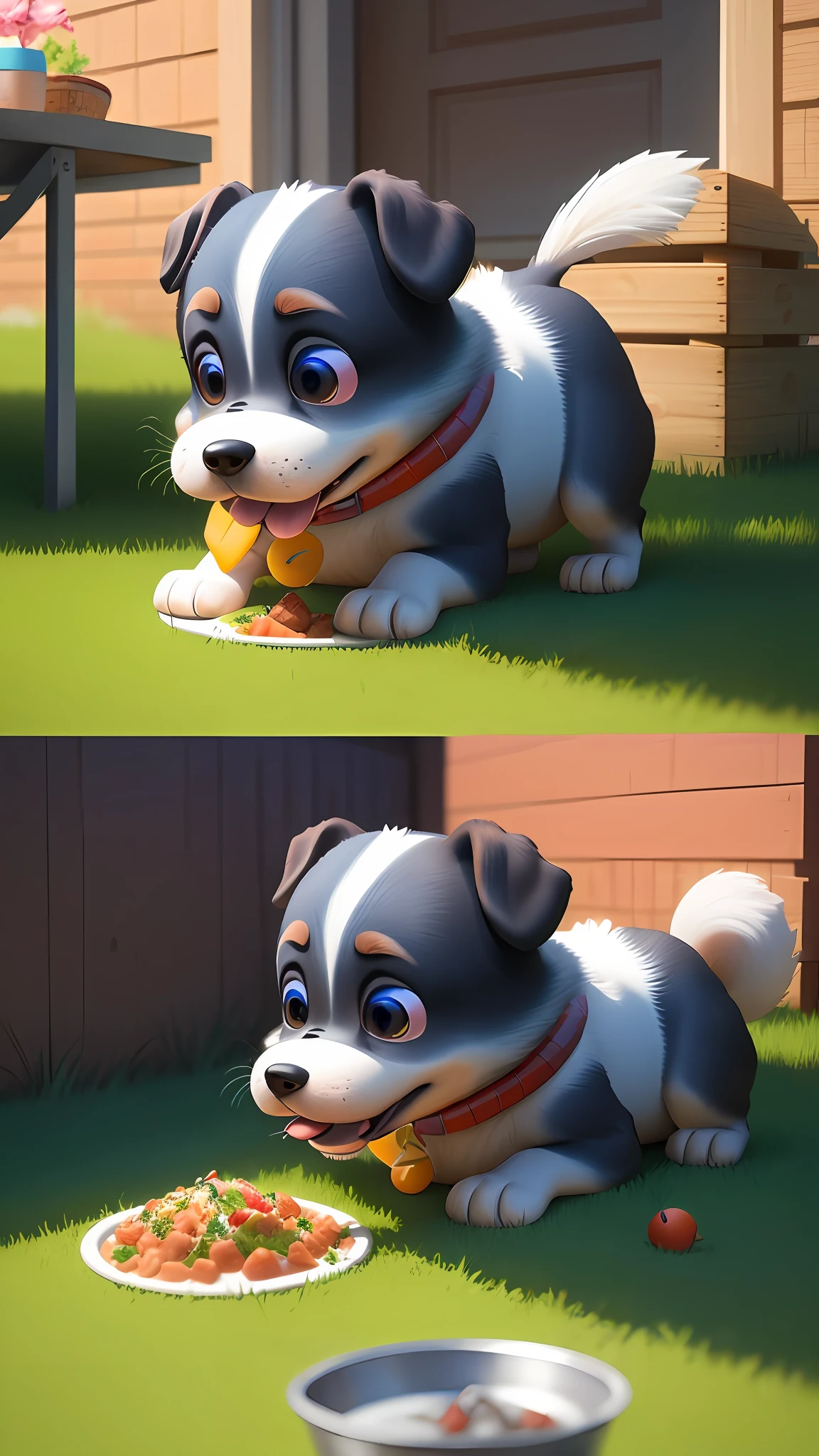 (Pixar 1.25 style) A dog eating food in the backyard of the house