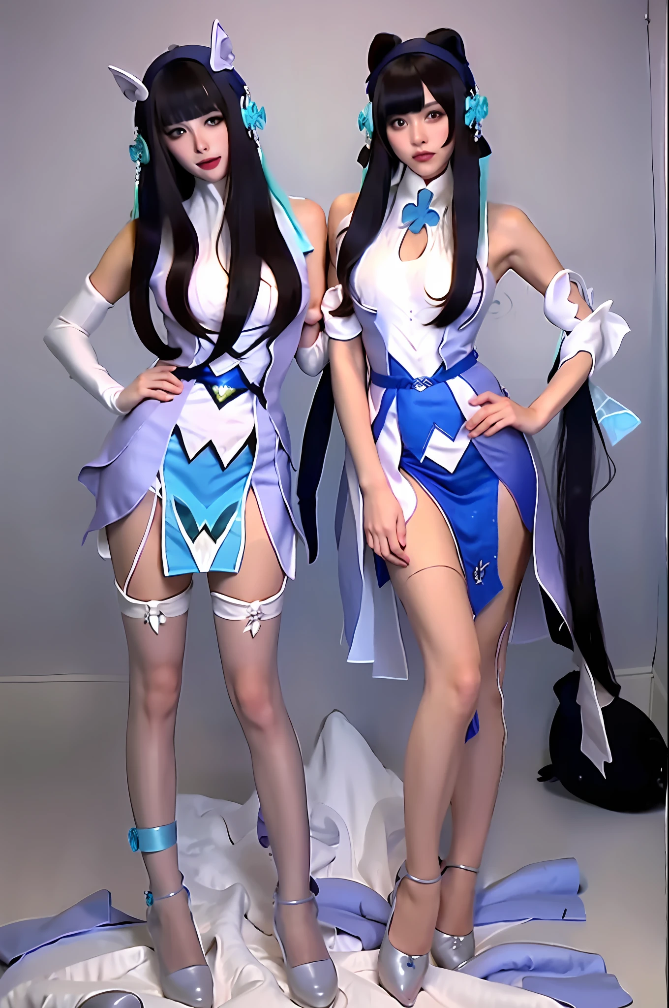 two women in costumes posing for a picture in a studio, elegant glamourous cosplay, anime cosplay, cosplay, publicity cosplay, glamourous cosplay, full-cosplay, ayami kojima and lyde caldwell, wlop and sakimichan, cosplay photo, nixeu and sakimichan, anime girl cosplay, two beautiful anime girls, beautiful sci - fi twins
