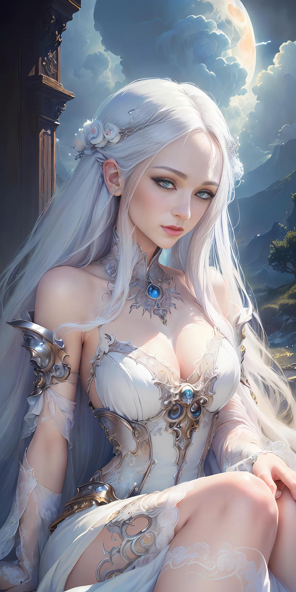 (((Excellent)), ((Masterpiece)), (detailed), Long white hair, ethereal beauty, Stunning dress, (Fantasy illustration: 1.3), seductive eyes, charming posture, exquisite facial features, otherworldly charm, mysterious sky, (Luis Royo:1.2), (Yoshitaka Amano:1.1), moonlit night, pastel colors, (detail cloud: 1.3), (high resolution: 1.2)
