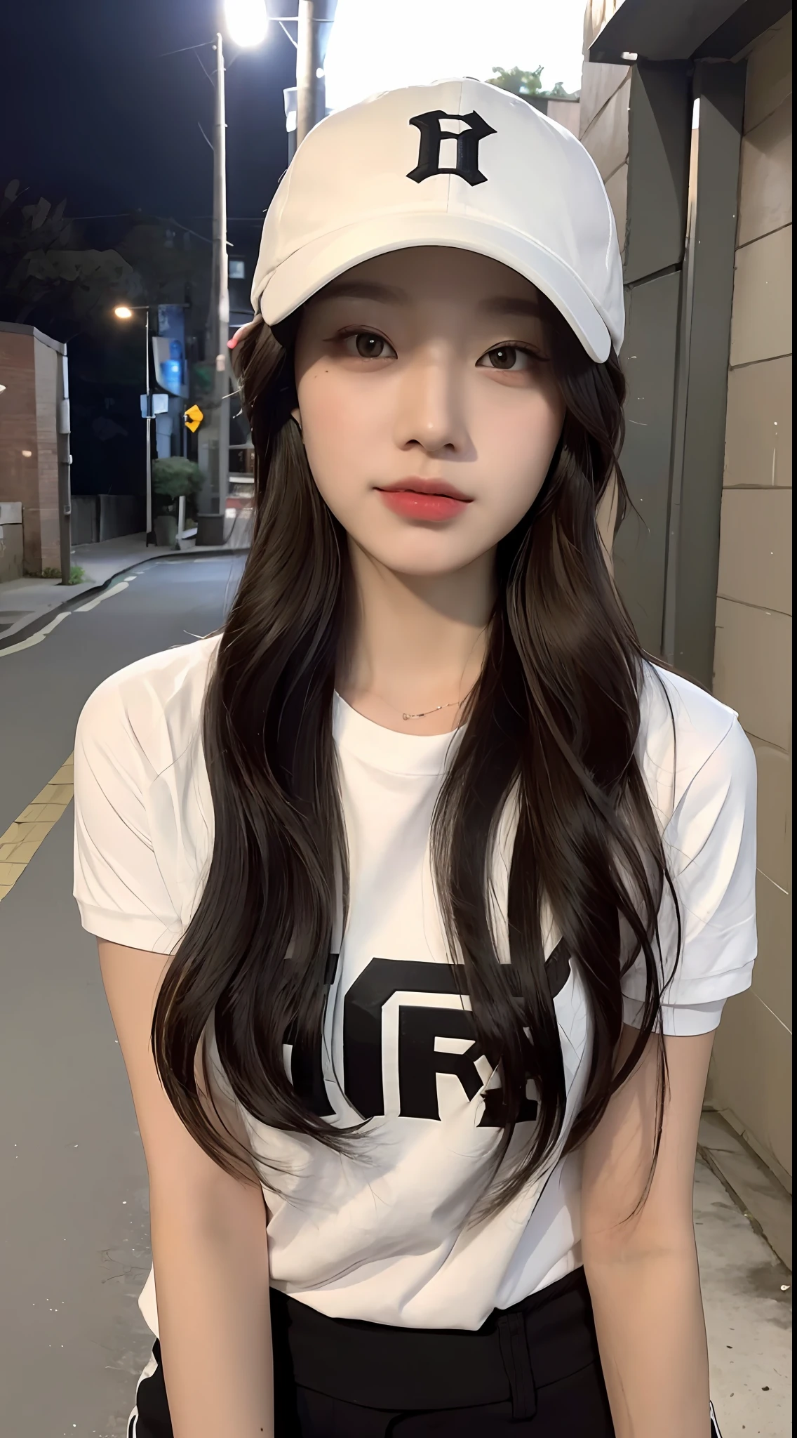 ((Best Quality, 8K, Masterpiece: 1.3)), (Baseball Cap: 1.3), Focus: 1.2, Perfect Body Beauty: 1.4, Buttocks: 1.2, (Layered Haircut: 1.2)), , (Dark Street: 1.3), Highly Detailed Face and Skin Texture, Full Body, Delicate Eyes, Double Eyelids, Whitened Skin, Long Hair, (Round Face: 1.5), (Short Sleeves, Shorts: 1.6)