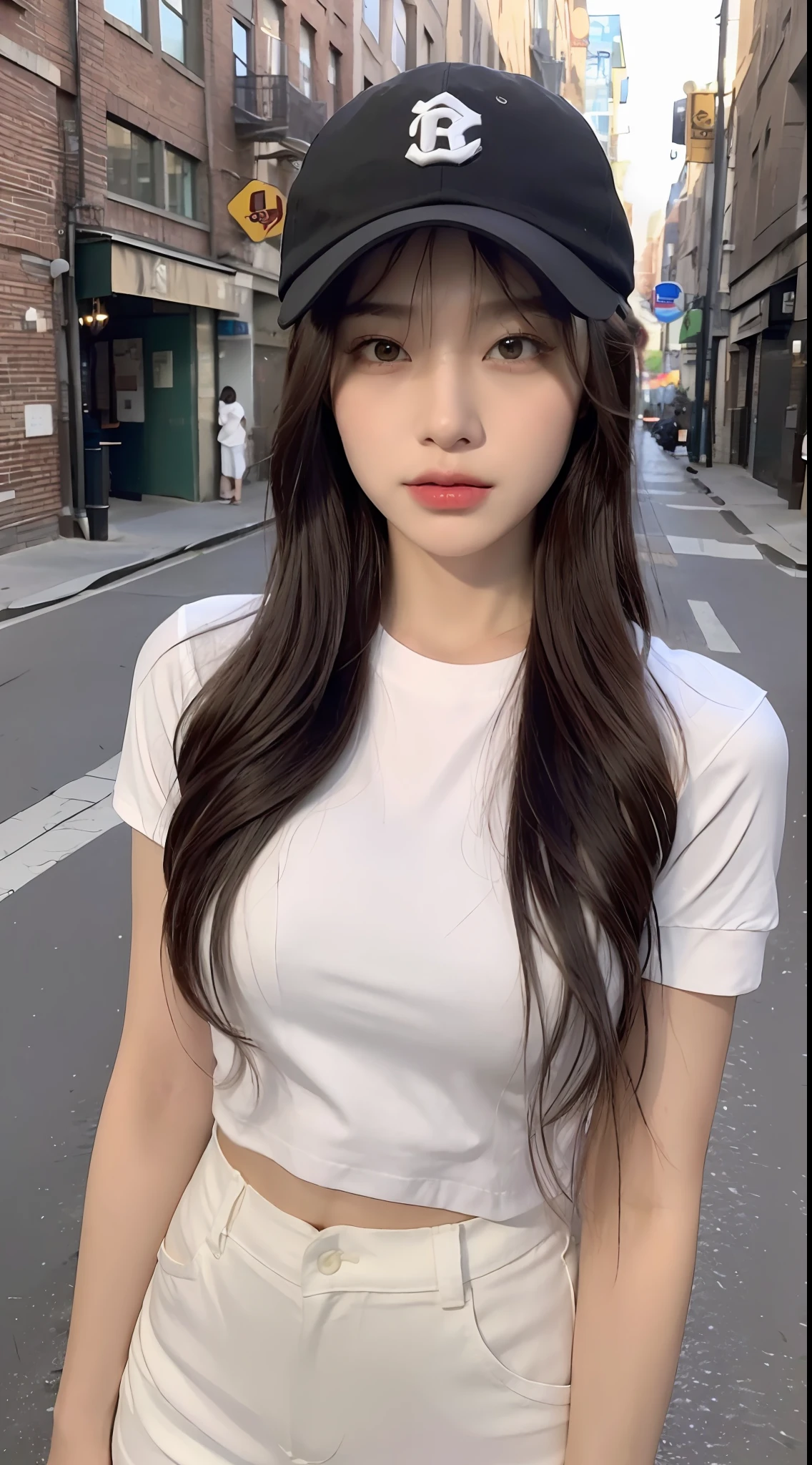 ((Best Quality, 8K, Masterpiece: 1.3)), (Baseball Cap: 1.3), Focus: 1.2, Perfect Body Beauty: 1.4, Buttocks: 1.2, (Layered Haircut: 1.2)), , (Dark Street: 1.3), Highly Detailed Face and Skin Texture, Full Body, Delicate Eyes, Double Eyelids, Whitened Skin, Long Hair, (Round Face: 1.5), (Short Sleeves, Shorts: 1.6)