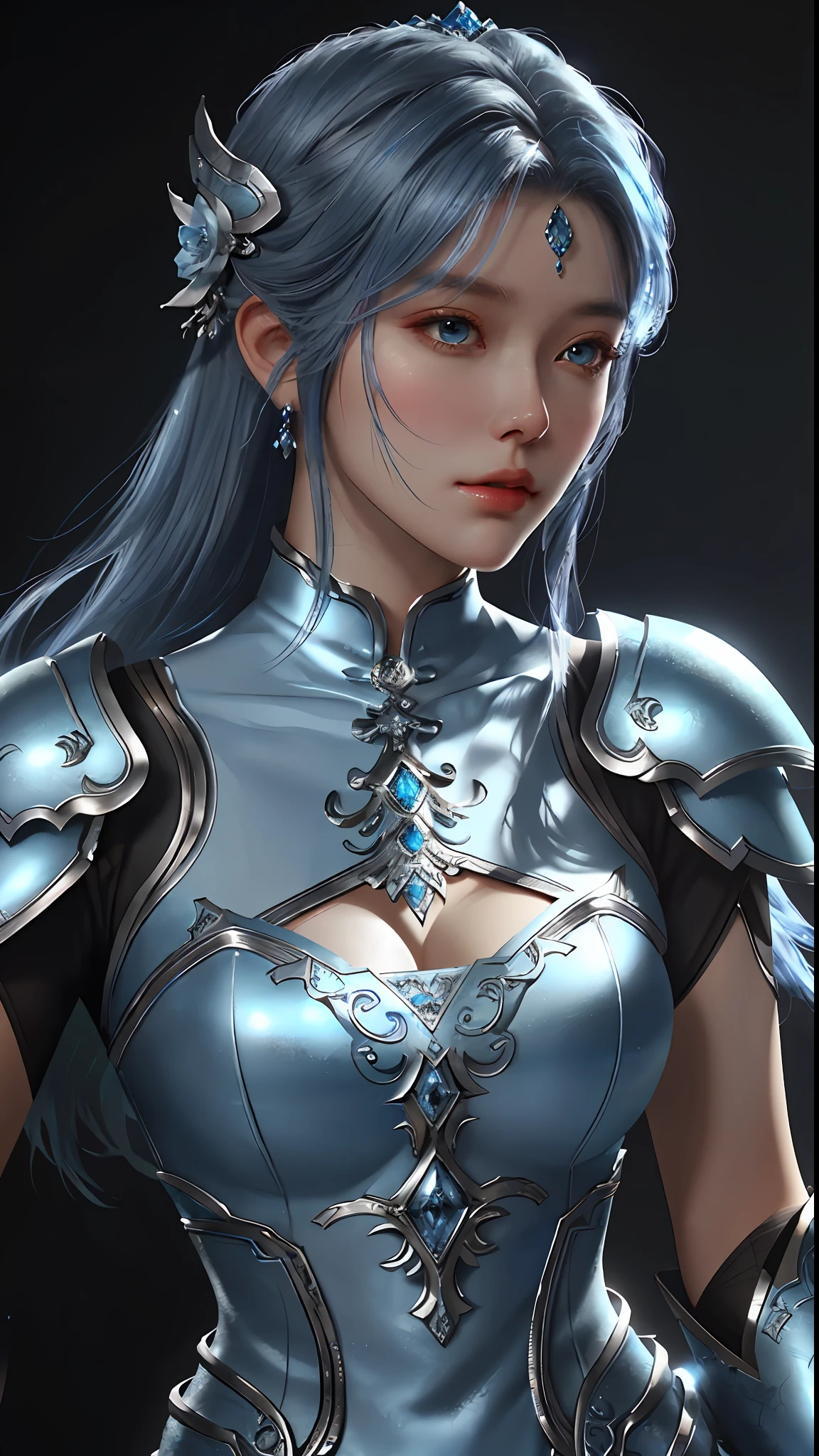 a close up of a woman in a silver and blue dress, chengwei pan on artstation, by Yang J, detailed fantasy art, stunning character art, fanart best artstation, epic exquisite character art, beautiful armor, extremely detailed artgerm, detailed digital anime art, artgerm on artstation pixiv, armor girl