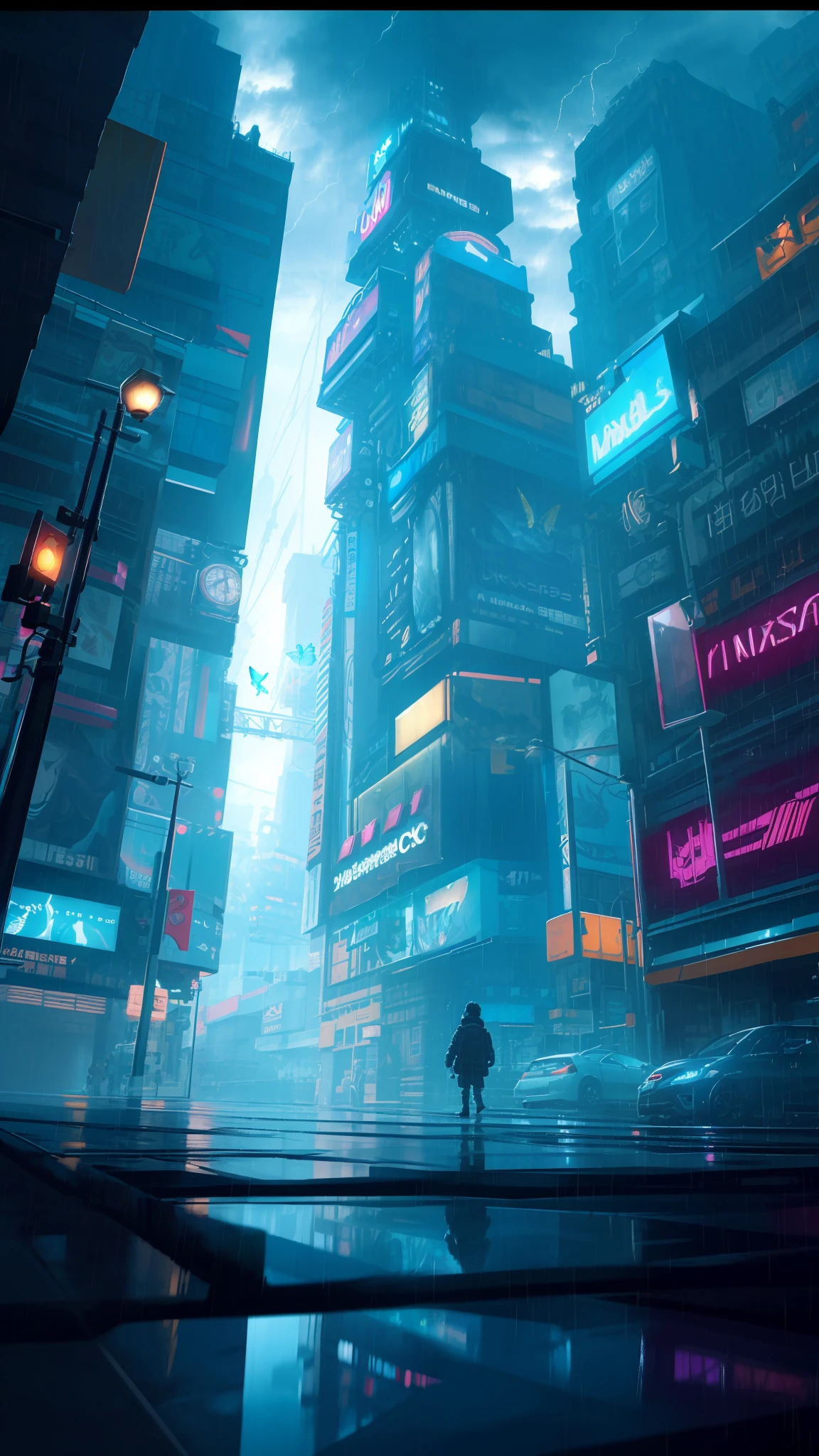 scenery, A highly detailed portrait of a street corner, during a rainstorm with lightning strikes and a cloudy sky, neon and cyberpunk background, a butterfly hovers near a street lamp, glowing, backlighting, masterpiece, best quality, intricate detail, absurdres, chromatic aberration, depth of field, professional photography, soft lighting, tone mapped, highly detailed, sharp focus, dramatic lighting, intricate details, cinematic, 8K, incredible shadows, realistic, (highly detailed background:1.0)