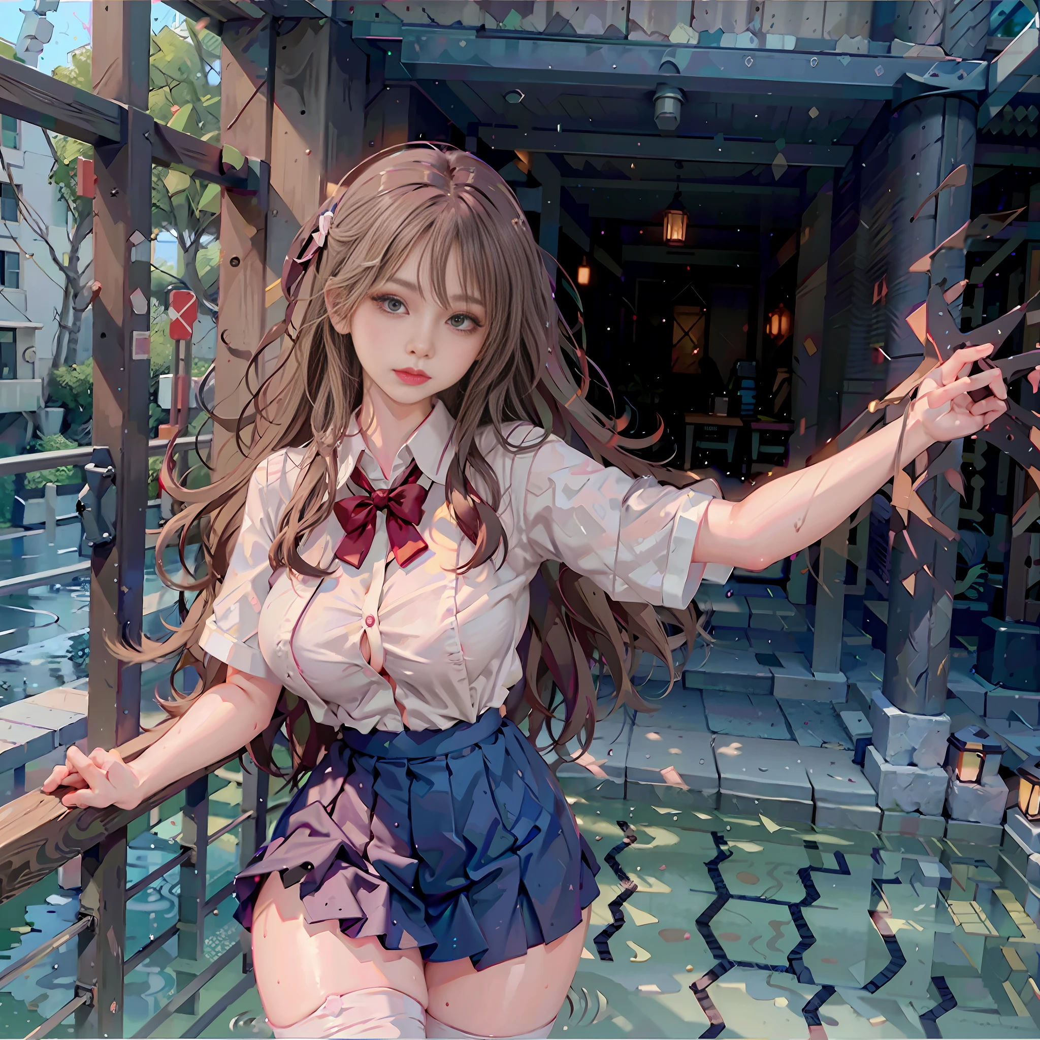 masterpiece, high quality, 1 girl, gray hair, long hair, pink eyes, transparent bra, wet bra, wet body, (pureerosface_v1:0.7), black stockings, stockings, pantyhose, thigh straps, school uniform, nurse, mate uniform, wet, wet clothes, transparent clothes, sexy pants, transparent pants, raining, pretty skin, curvy, light on the face, black storage room, wet pants , (open legs:0.6), lace, (NSFW: 0.4), looking at the viewer, body facing the viewer, lace,