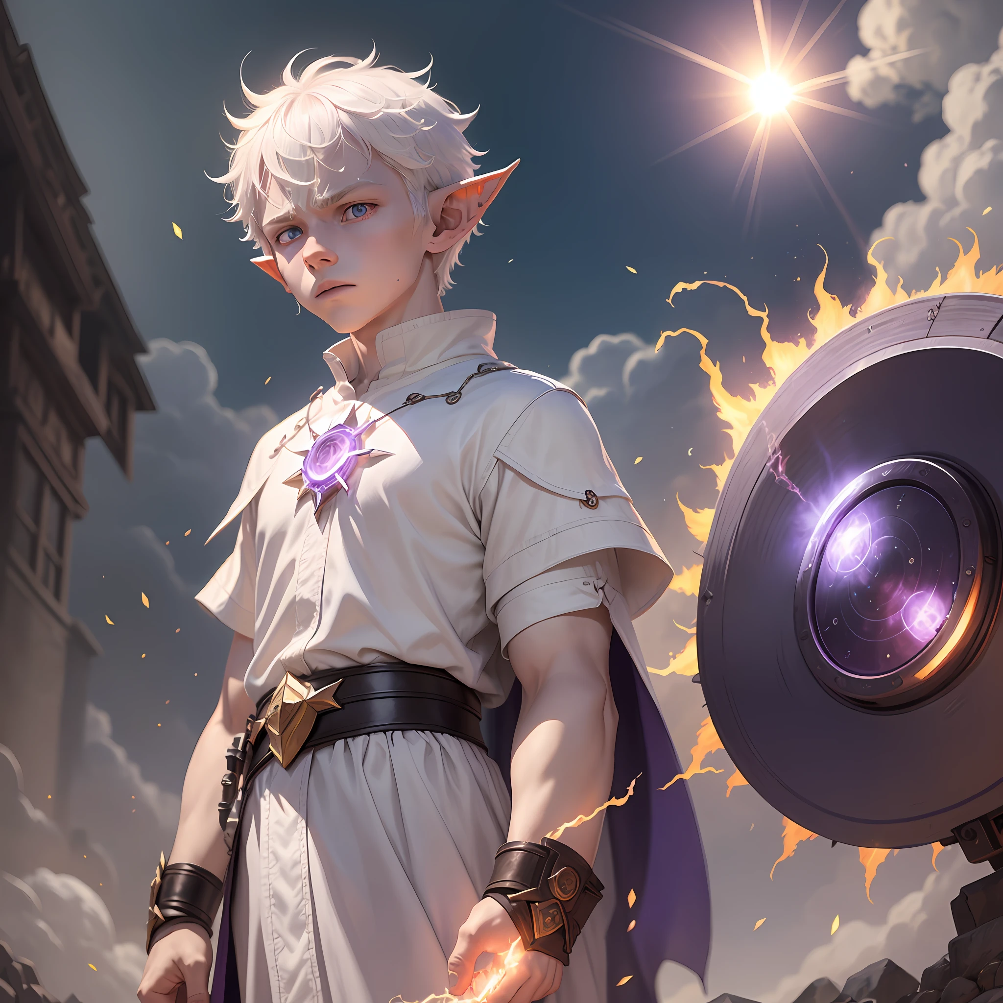 a 14-year-old boy, good person, albino with white skin, short white hair, white hair covering the ears, huge elf ears, pointed and hairy ears, purple eyes, light fire powers, sun power, pyrokinesis, matter manipulation