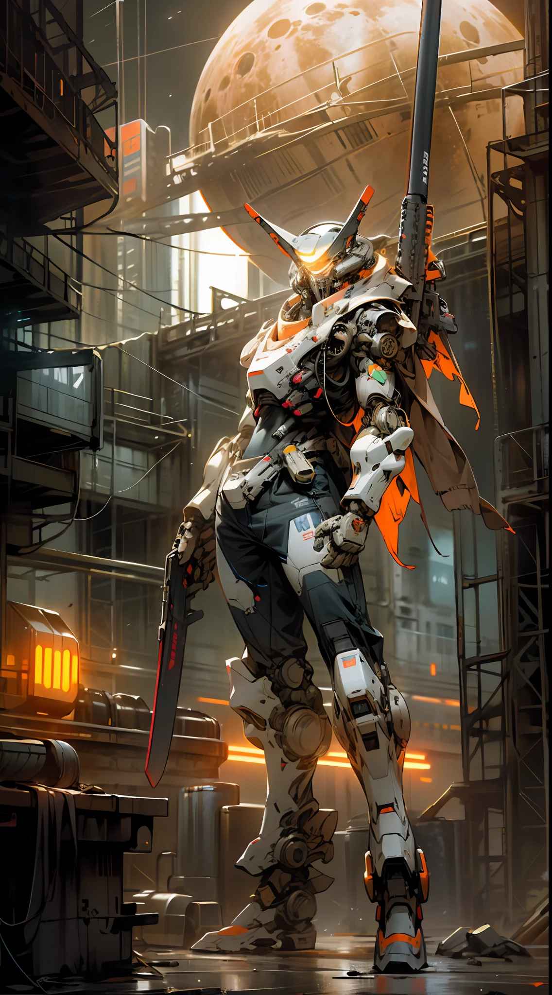 On the moon,barren planets, ruins, holding_weapon, no_humans, glowing, robot, building, glowing_eyes,orange mecha, science_fiction, city, realistic,mecha,Milky Way Galaxy background,neon,cyberpunk,