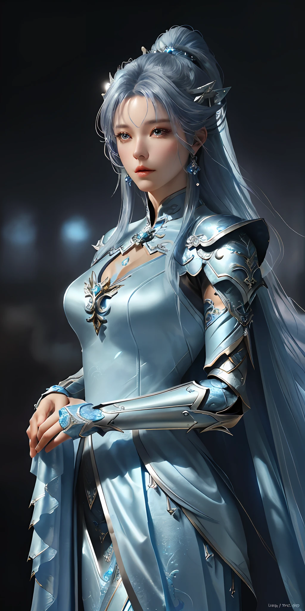 a close up of a woman in a silver and blue dress, chengwei pan on artstation, by Yang J, detailed fantasy art, stunning character art, fanart best artstation, epic exquisite character art, beautiful armor, extremely detailed artgerm, detailed digital anime art, artgerm on artstation pixiv, armor girl