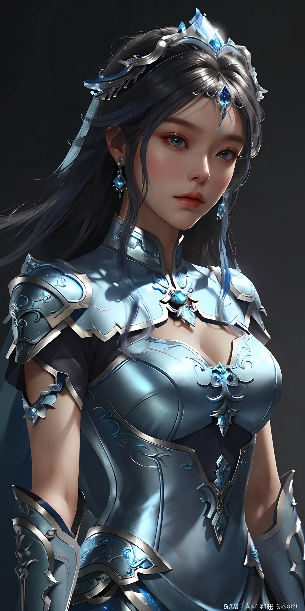 a close up of a woman in a silver and blue dress, chengwei pan on artstation, by Yang J, detailed fantasy art, stunning character art, fanart best artstation, epic exquisite character art, beautiful armor, extremely detailed artgerm, detailed digital anime art, artgerm on artstation pixiv, armor girl