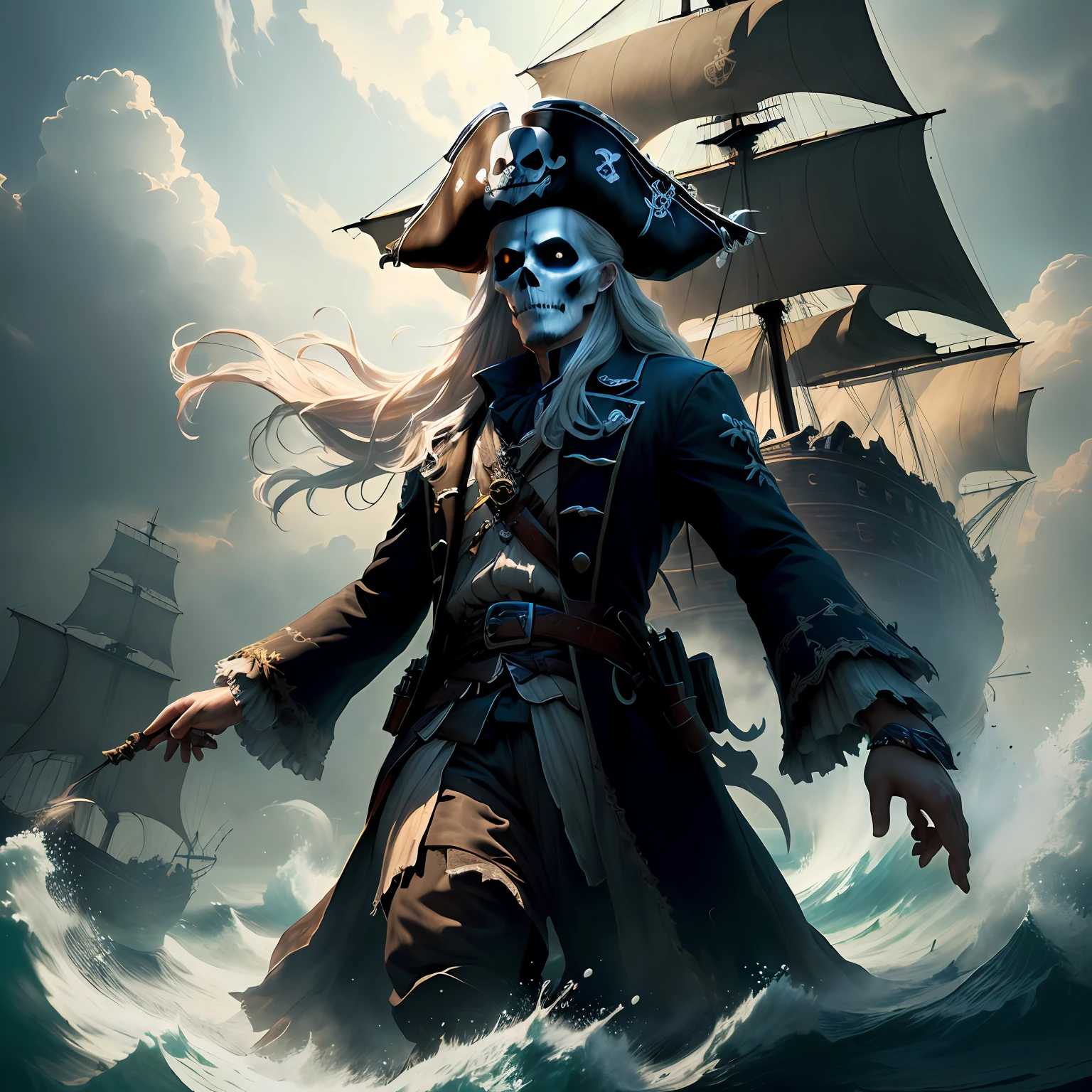 best quality, masterpiece, ultra high res, CCDDA Artstyle, ghostly pirate haunting the seven seas, realistic, best shadow, best lighting, detailed, cinematic,high resolution