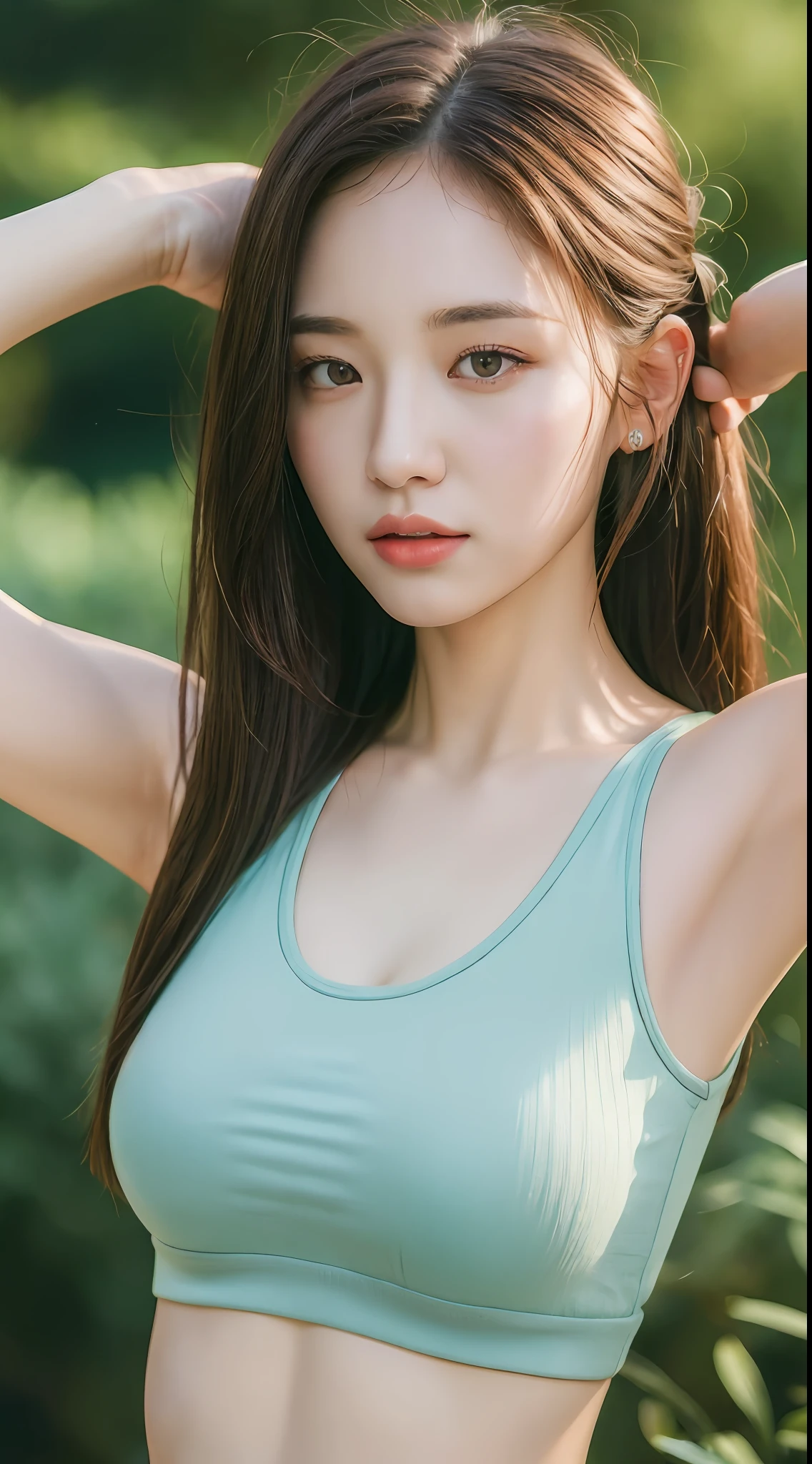 ((Best quality, 8k, Masterpiece :1.3)), 1girl, Pretty woman with emphasizing slender abs :1.3, (random hairstyles :1.2), Oversized tank top :1.2, Ultra-detailed face, Detailed eyes, Double eyelid, alice toggle