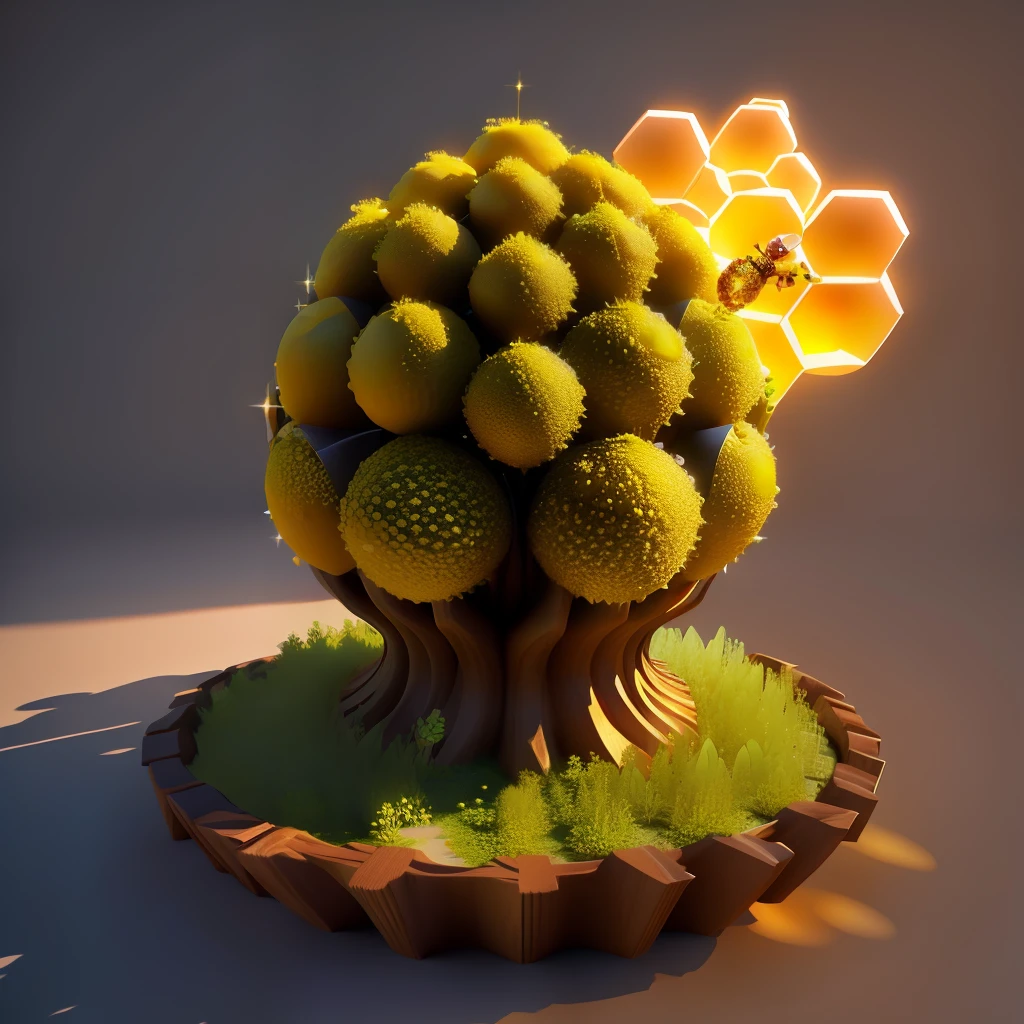 sphere anthill, mystical beehive, honey dripping, honey comb, high resolution, 3D, game design lots of plants and petals