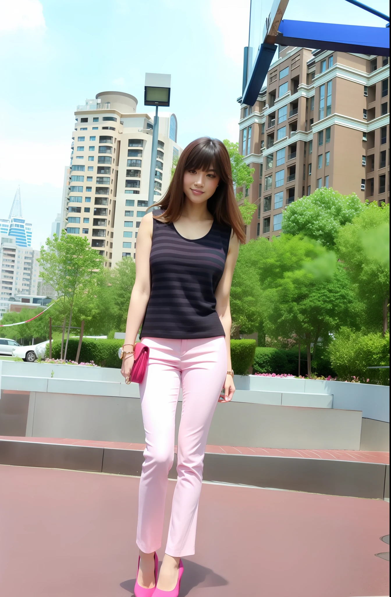 British-inspired plaid flared trousers, tight tank top, pink heels