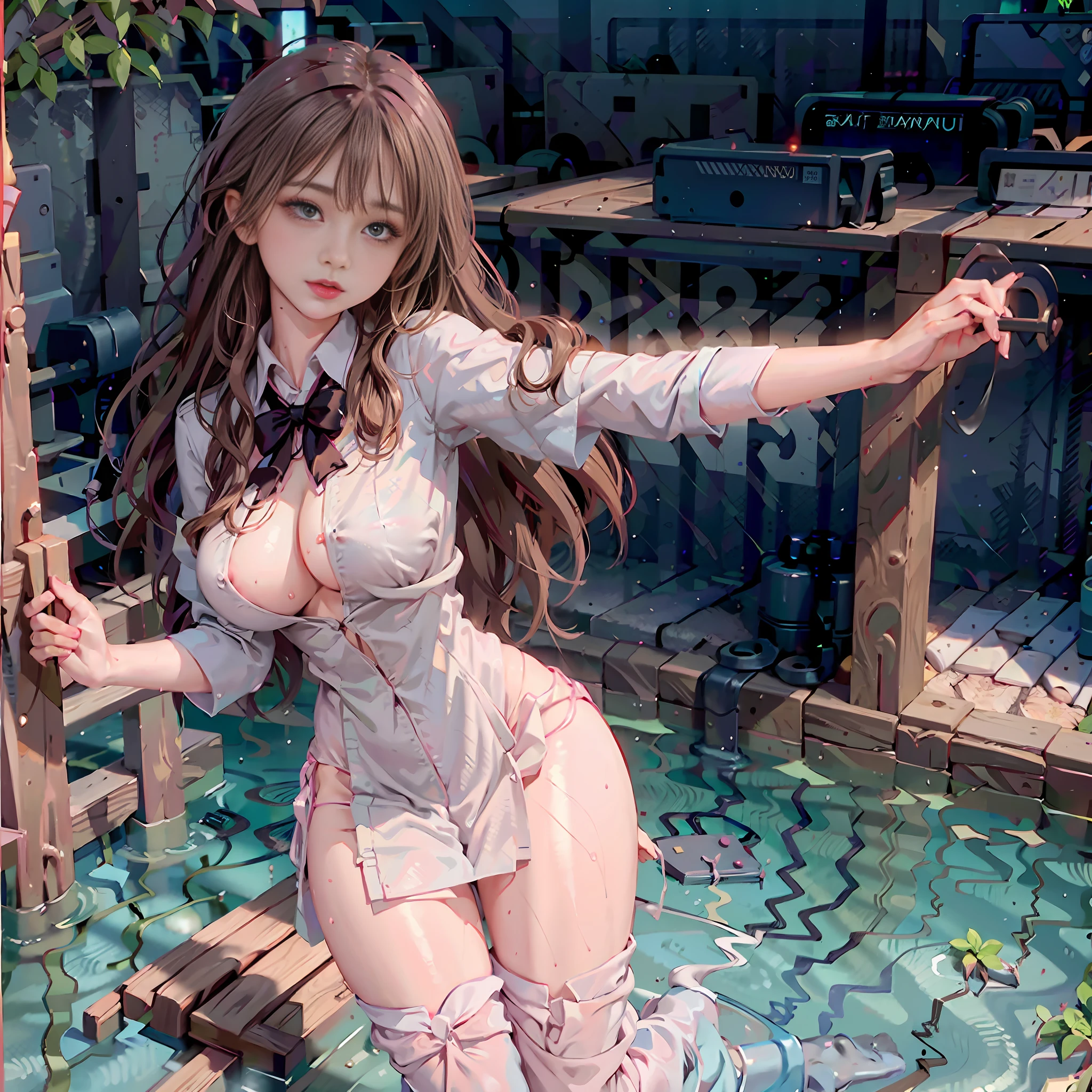 masterpiece, high quality, 1 girl, gray hair, long hair, pink eyes, transparent bra, wet bra, wet body, (pureerosface_v1:0.7), black stockings, stockings, pantyhose, thigh straps, school uniform, nurse, mate uniform, wet, wet clothes, transparent clothes, sexy pants, transparent pants, raining, pretty skin, curvy, light on the face, black storage room, wet pants , (open legs:0.6), lace, (NSFW: 0.4), looking at the viewer, body facing the viewer, lace,