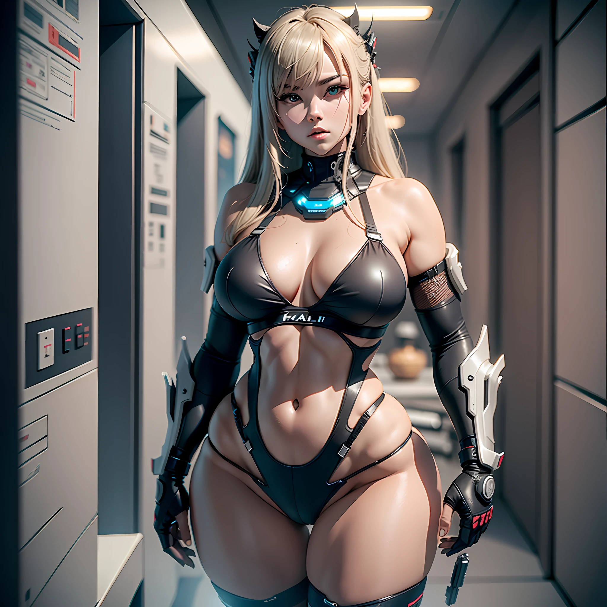 (full body), (alone), Kai-125, high resolution, totally realistic, wide hips, thick thighs, small breasts, wearing a micro bikini, 4K, normal hands, delicate hands, normal fingers, in a futuristic room