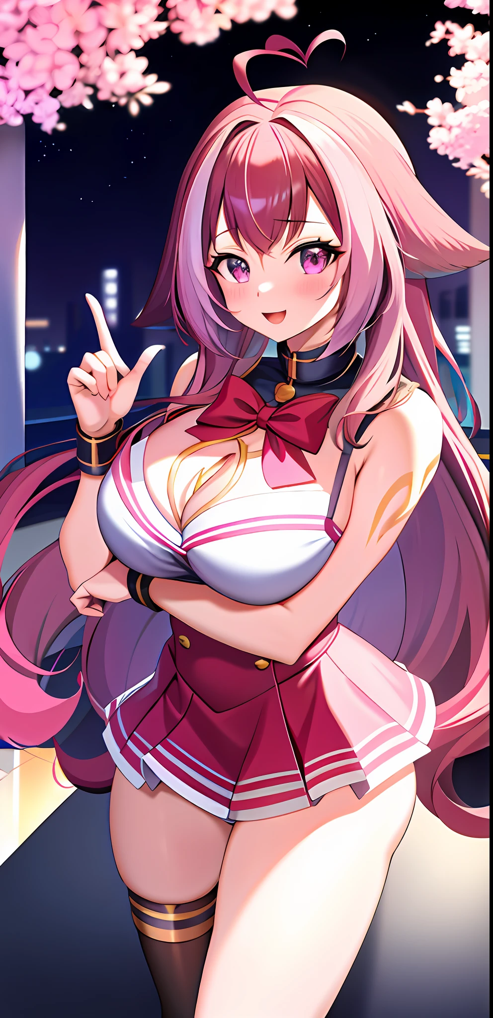 best quality, anime, 1girl, CHAR-F vTuber Shylily by JustNeutral, breasts, large breasts, smooth, 4k, simple background, night city background, school uniform, pink hair, pink eyes, pink bikini