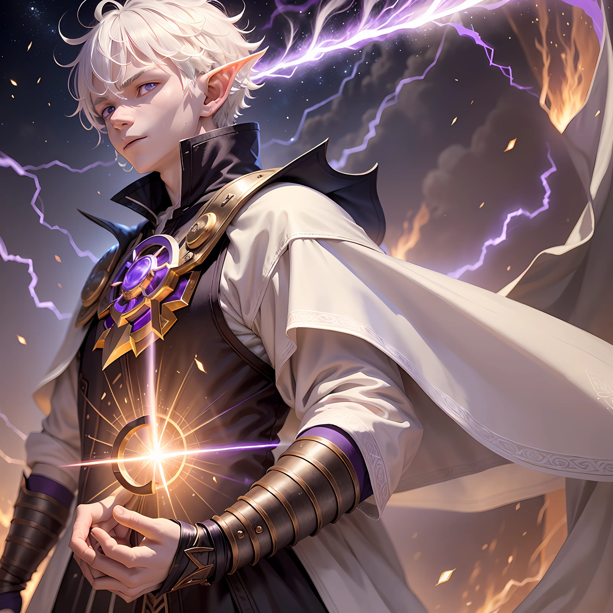 a -yeld bogood person, albino with white skin, short white hair, white hair covering the ears, huge elf ears, pointed and hairy ears, purple eyes, light fire powers, sun power, pyrokinesis, matter manipulation