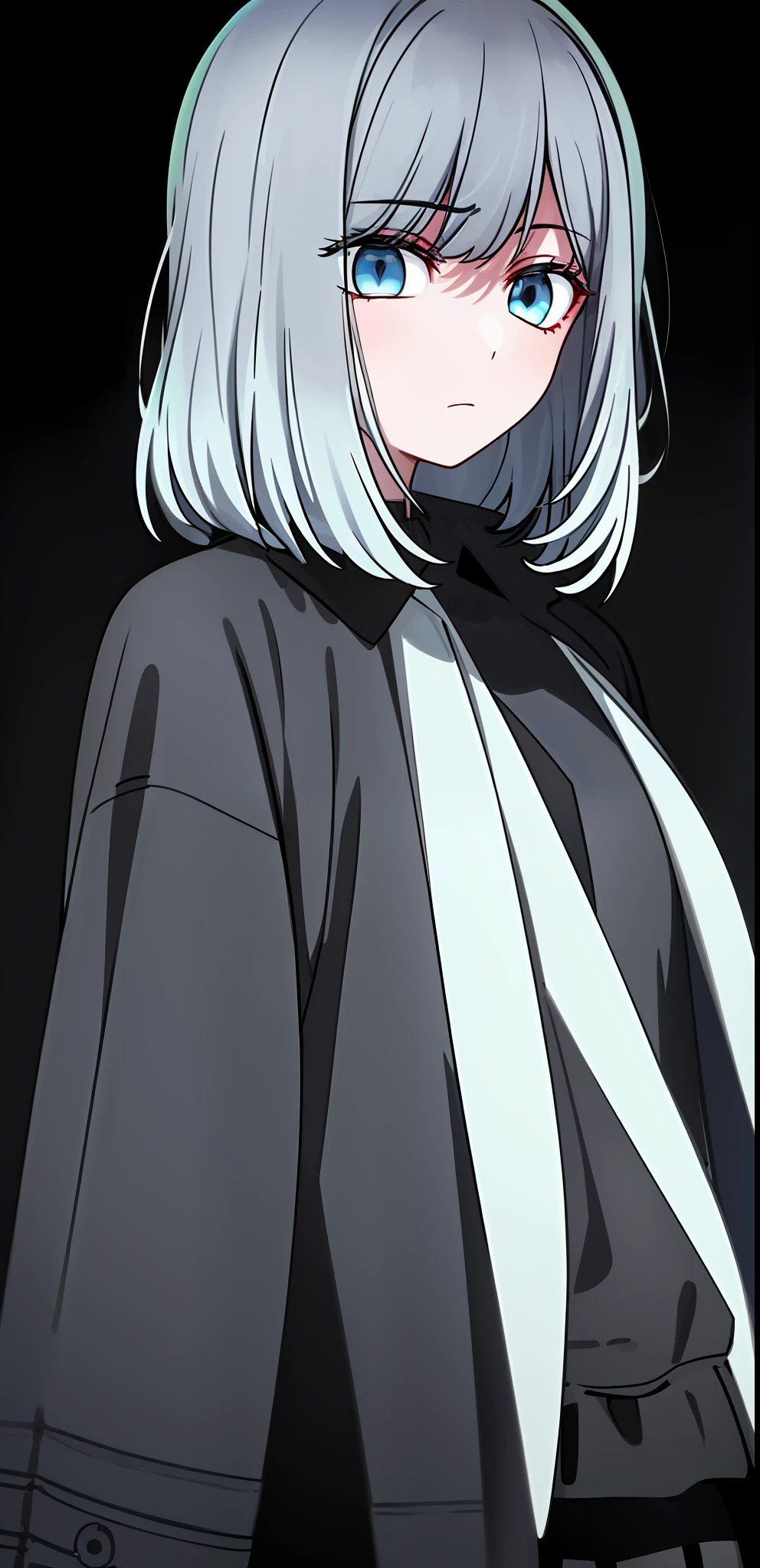 an( expressionless:1.3) girl wearing black punk style clothes with silver holding a gun to her head, her eyes are half closed and empty, upper body, gun to head, holding gun, gun, light blue eyes, glowing eyes, simple background, dark lighting, incredibly absurdres, 8k wallpaper, amazing details