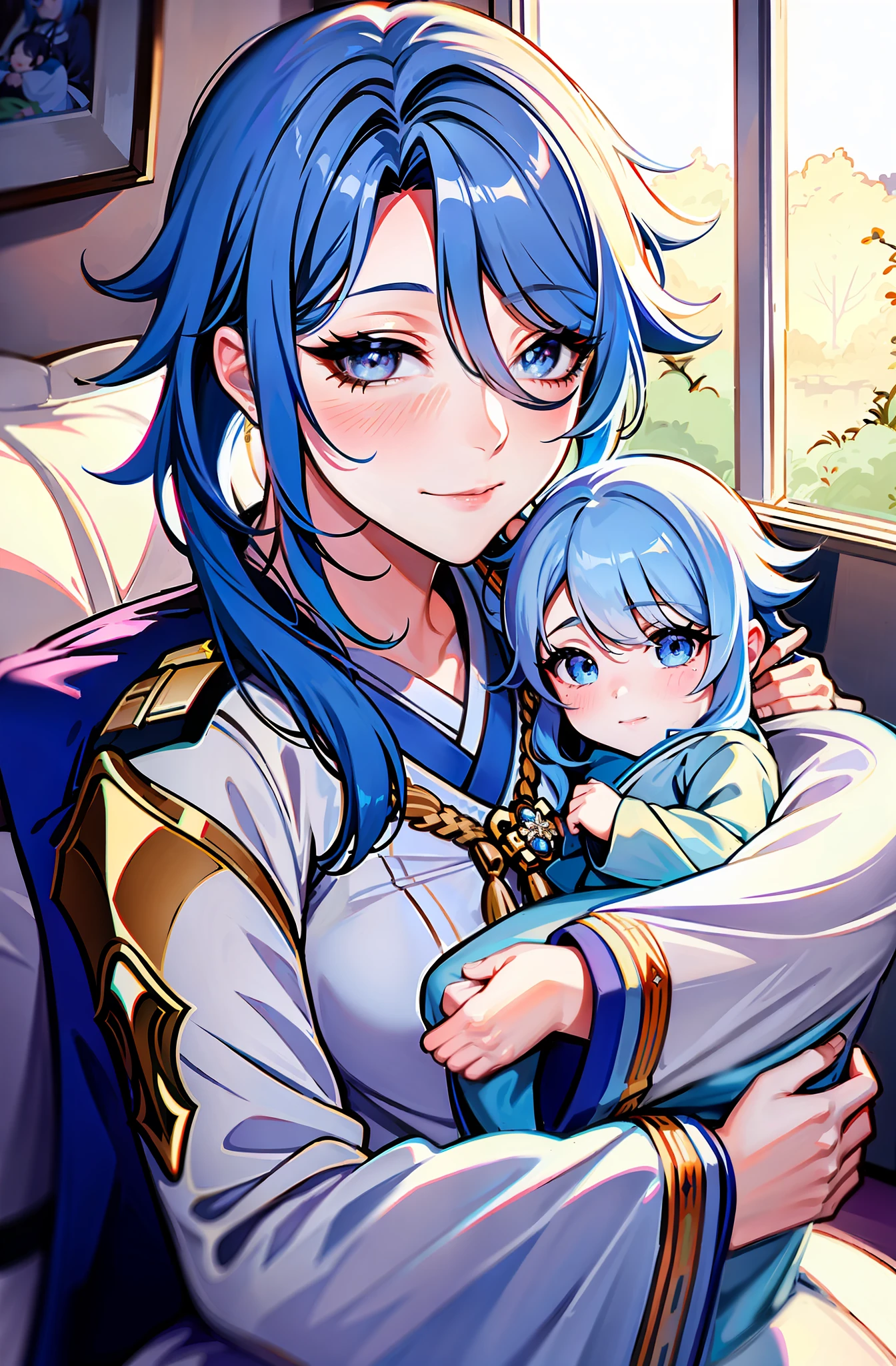 (well detailed background) (best quality), (high quality), (masterpiece), 1girl 1baby , ayato \(genshin impact\), blue hair, light blue eyes, midium hair, (loose hair on one side over shoulder) , laying in Japanese bed , indoor, bedroom,mature, nightgown, tired , calm smile, sweating, a baby, mother holding a newborn in her arms, looking down at the baby,  mother holding her little baby whrapped in white blanket