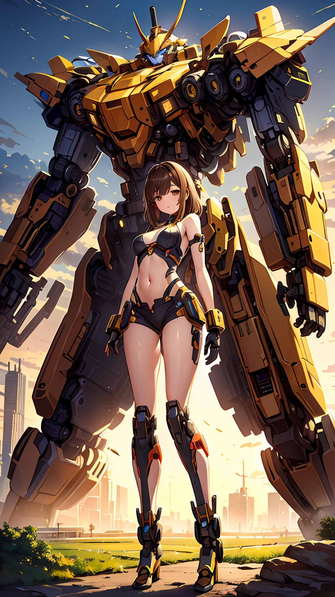 ((Masterpiece, Best Quality)), illustration, ultra-detailed 8K, realistic, clear focus, highly detailed, professional lighting, colorful details, rainbow colors BREAK factory super long shot, (1 large mechanical robot), microchip, computer, luminescence, intricate details, shitu-mecha, 1girl downscale standing in front of the viewer, navel