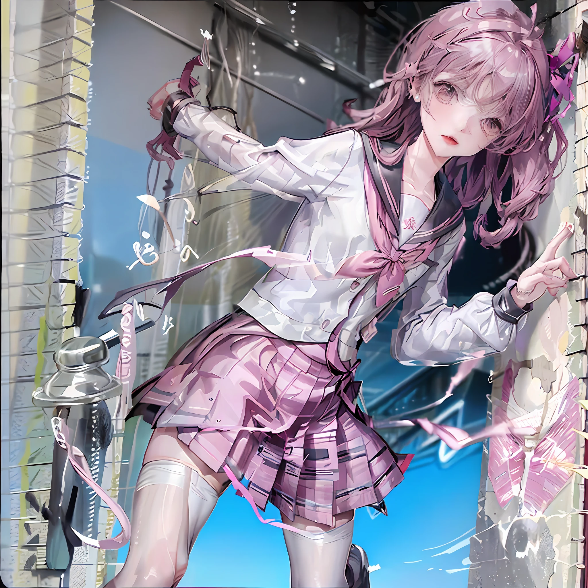 masterpiece, high quality, 1 girl, gray hair, long hair, pink eyes, (pureerosface_v1:0.7), stockings, pantyhose, transparent clothes, sexy pants, transparent pants, raining, beautiful skin, curvy, light on face, wet pants , (open legs: 0.6), (NSFW: 0.4), looking at the audience, body towards the audience, lace,