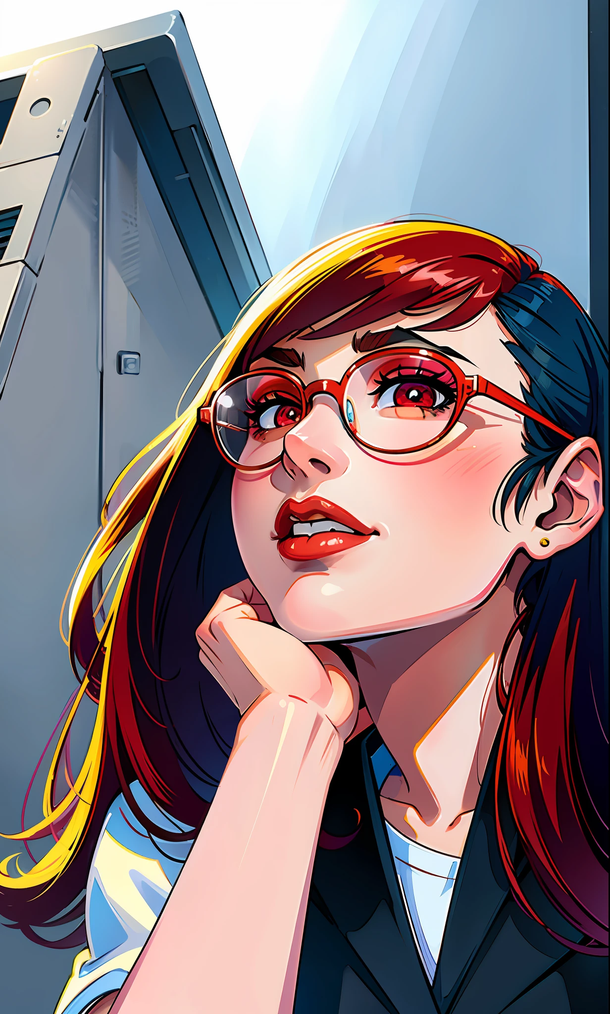 (masterpiece),(best quality:1.0), (ultra highres:1.0), detailed illustration, 8k, anime, 1girl, beautiful anime girl, wearing a white top, glasses, pretty face, detailed face, beautiful eyes, detailed eyes, dark red eyes, bright red lips, red lipstick, beautiful stylish hair, highlights in hair, bangs anime style, best quality, vibrant