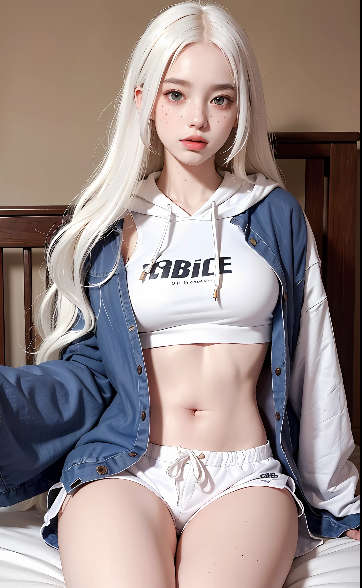 photorealistic, highres, best quality, masterpiece, 1girl, long wavy white hair, pale chinese, heterochromia eye, mole below eye, thick eyebrows, freckles, hoodie, shorts, large breast, small waist, wide thighs, thigh gap, on bed