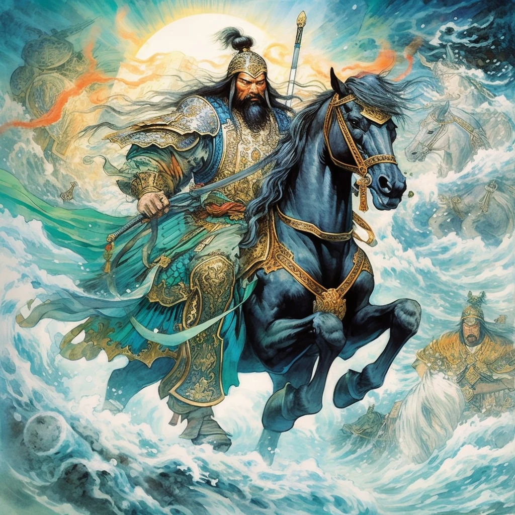 Romance of the Three Kingdoms," Guan Yu is described as refined and elegant, with flowing black beard,Red-faced, Ancient Chinese Helmet,handsome appearance, wearing armor of the Han Dynasty, Holding a broad-bladed long knife, and riding a Red Hare horse,regular features, vigorous momentum,martial arts movements, brush strokes, background cyan smoke,style Nene Thomas, Panorama, loish,3D render ocrender, 4k, best quality, ultra detailed