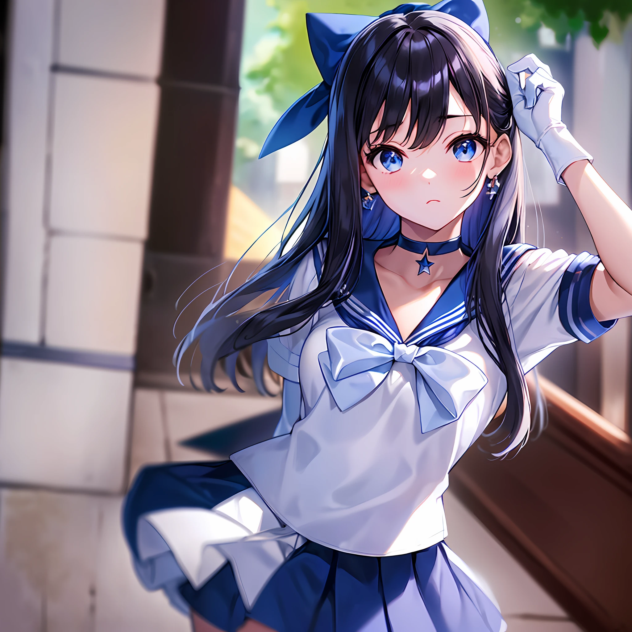 Masterpiece, Best Quality, High Resolution, Single Girl, Black Hair, Miniskirt, Sailor Senshi Uniform, White Gloves, Blue Sailor Color, Blue Skirt, Star Choker, Elbow Gloves, Pleated Skirt, White Knee High, Light Blue Ribbon, Outdoors, Bokeh (85mm Lens), Camera Orientation, Royal Sister Face (Face Length), Gentle Expression