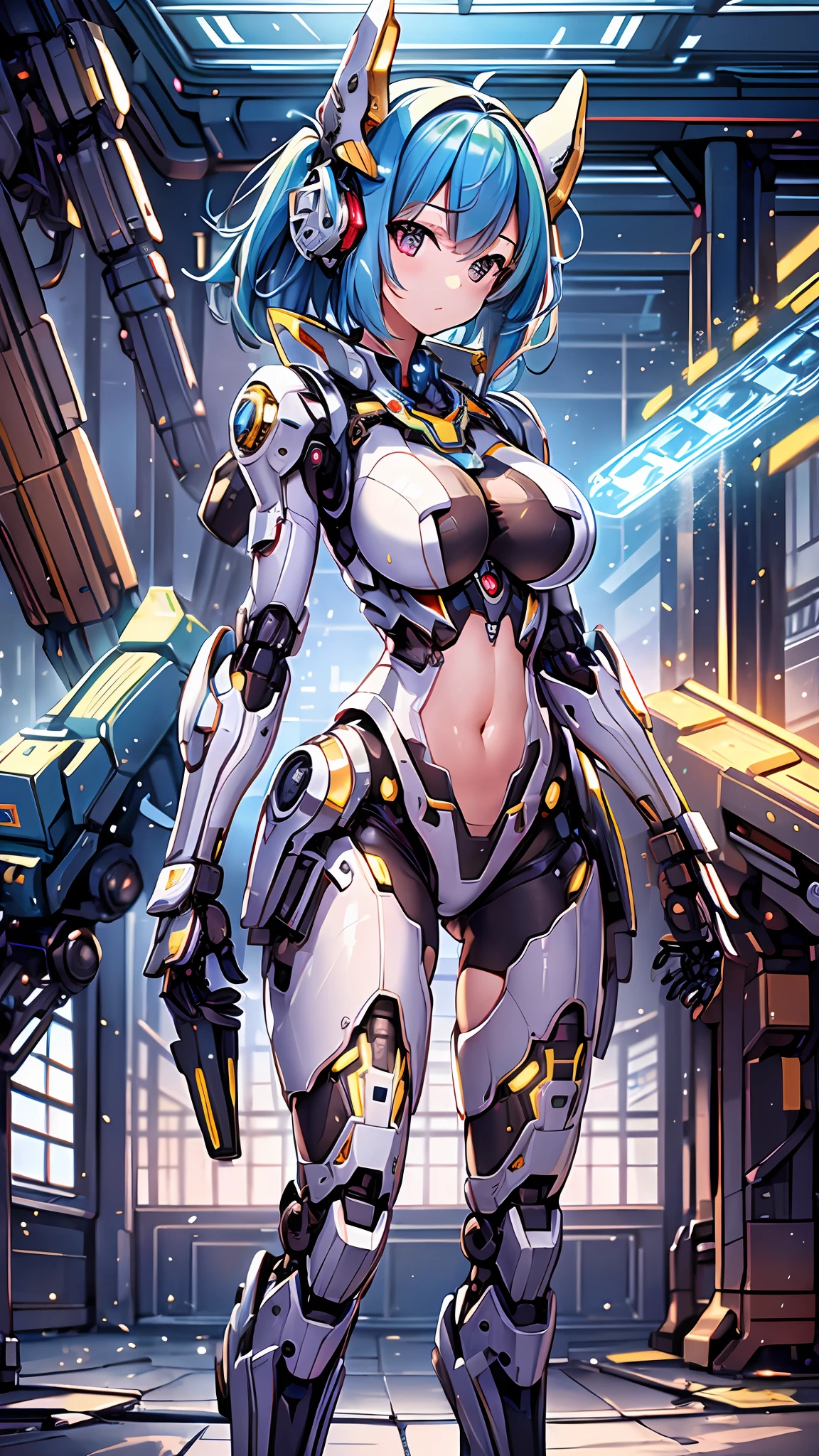 ((Masterpiece, Best Quality)), illustration, ultra-detailed 8K, realistic, clear focus, highly detailed, professional lighting, colorful details, rainbow colors BREAK factory super long shot, (1 large mechanical robot), microchip, computer, luminescence, intricate details, shitu-mecha, 1girl downscale standing in front of the viewer, navel