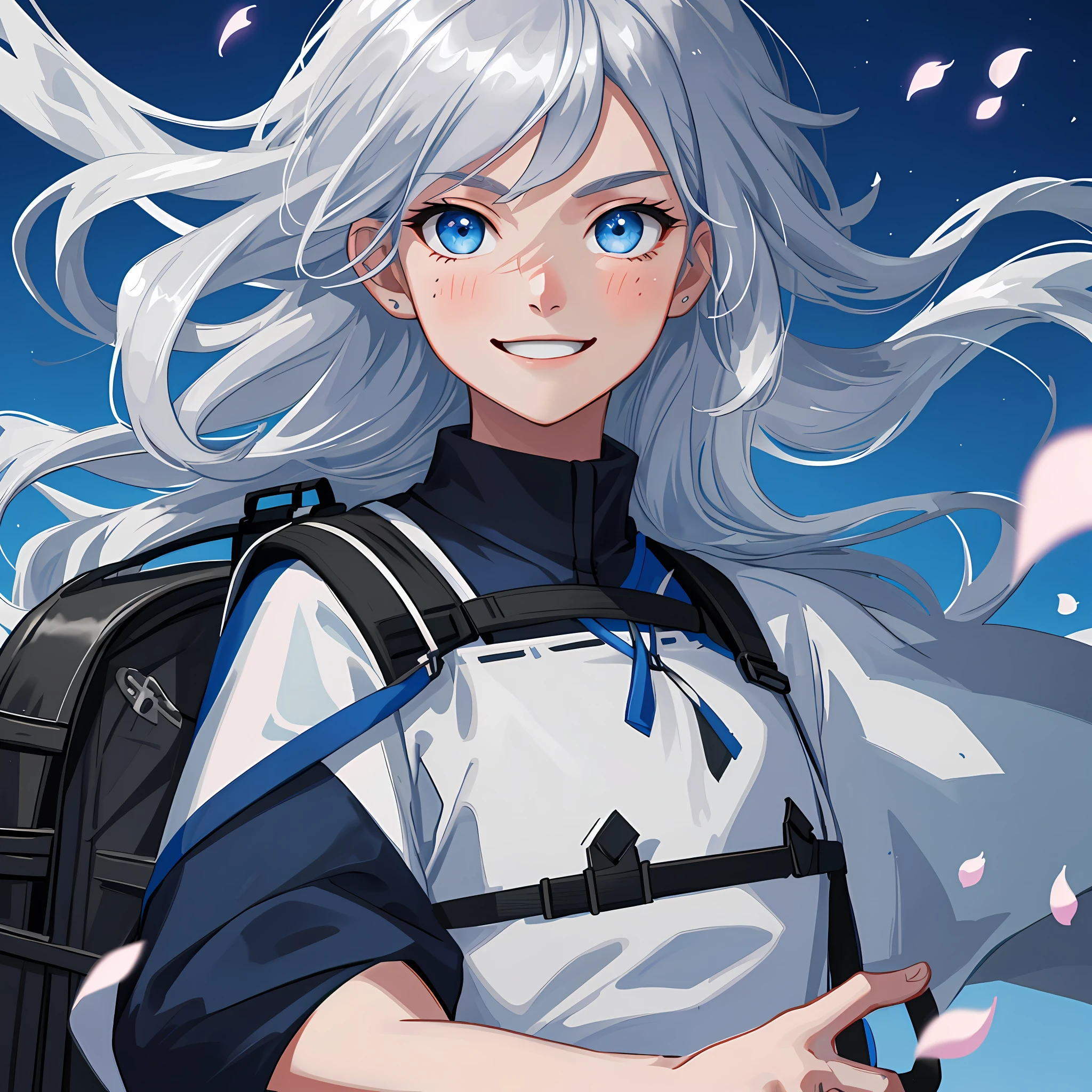 Youth, Strong, Blue Eyes, Silver Hair, Windswept Hair, Determined Eyes, Black Short Sleeves, (Backpack: 1.6), (With a Smile: 1.4), (Expression Excited: 1.5), FOV, F/1.8, Masterpiece, Night, Petals Flying, Front Portrait Shot, Side Light, 8K, High Resolution, Highest Quality, Illustration, Cinematic Light, Ultra Detailed, Detailed Face, (Detailed Eyes), Best Quality, Ultra Detailed, Masterpiece, (Detailed Face)