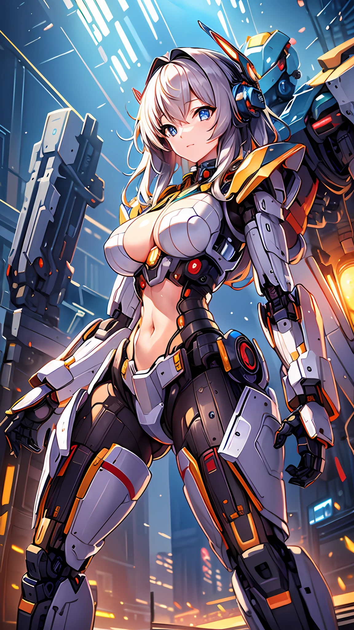 ((Masterpiece, Best Quality)), illustration, ultra-detailed 8K, realistic, clear focus, highly detailed, professional lighting, colorful details, rainbow colors BREAK factory super long shot, (1 large mechanical robot), microchip, computer, luminescence, intricate details, shitu-mecha, 1girl 4 head body proportions in front of the audience, navel