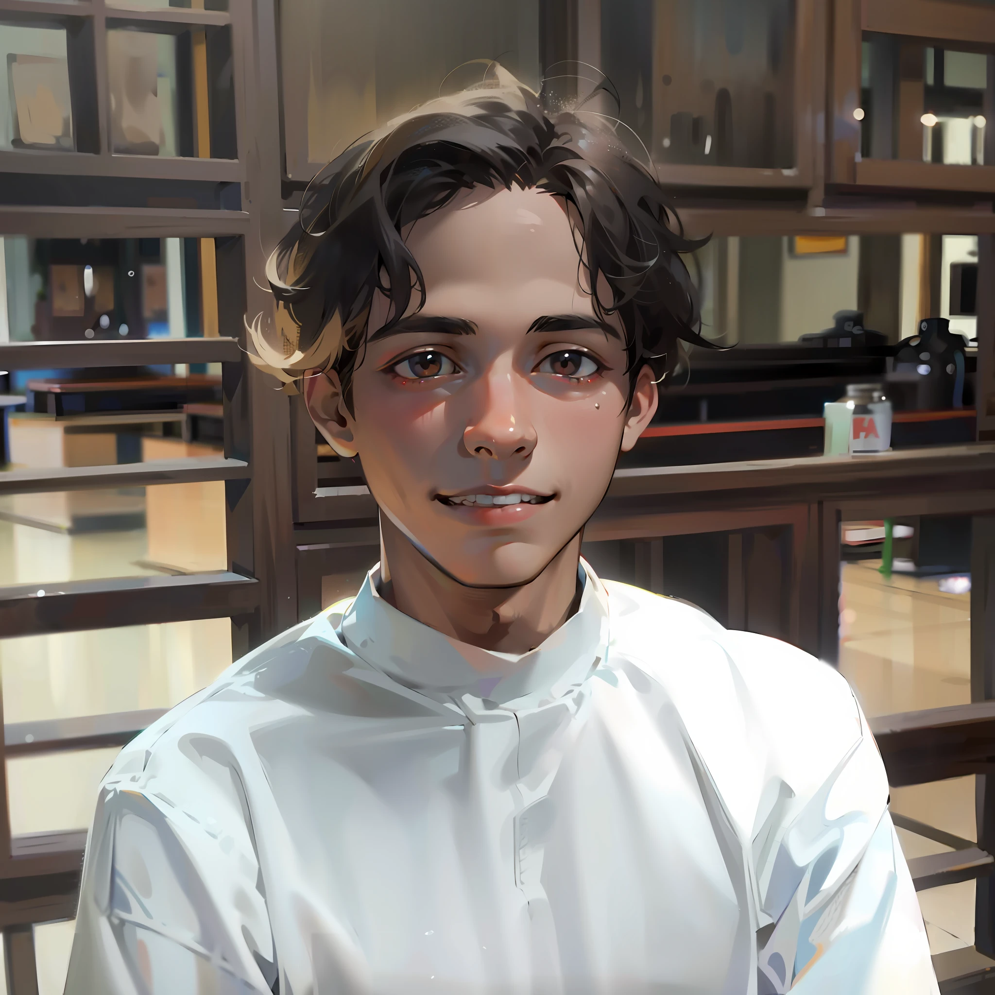 (((Hyper realistic))) Black hair, brown eyes, 21 years old, boy, sitting at a table, white skin, black choker, human, realistic, crooked smile, smooth teeth, thin