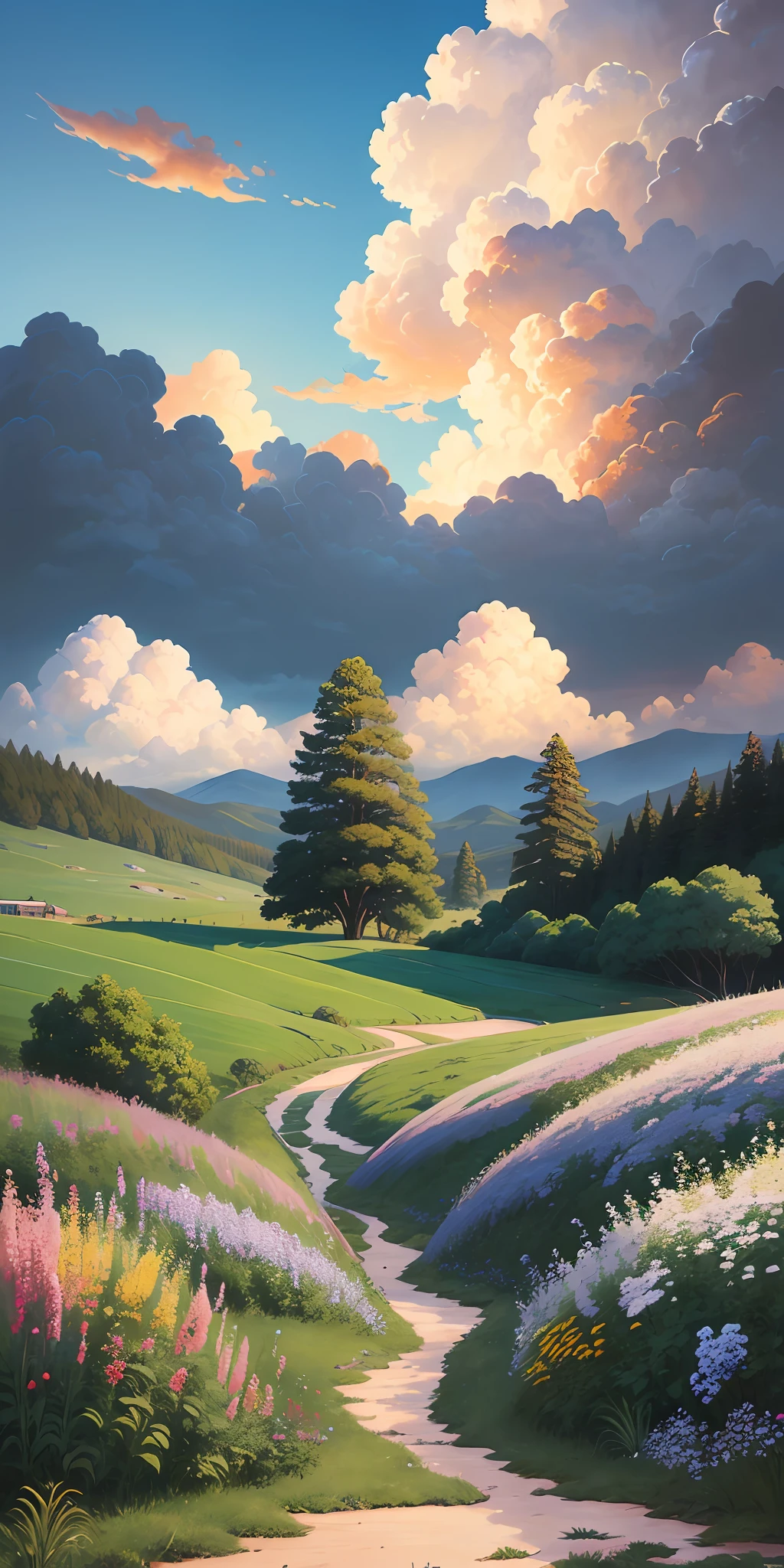 Realistic, real, beautiful and amazing landscape oil painting Ghibli Studio Hayao Miyazaki petal steppe with blue sky and white clouds, evening, sunset --v6