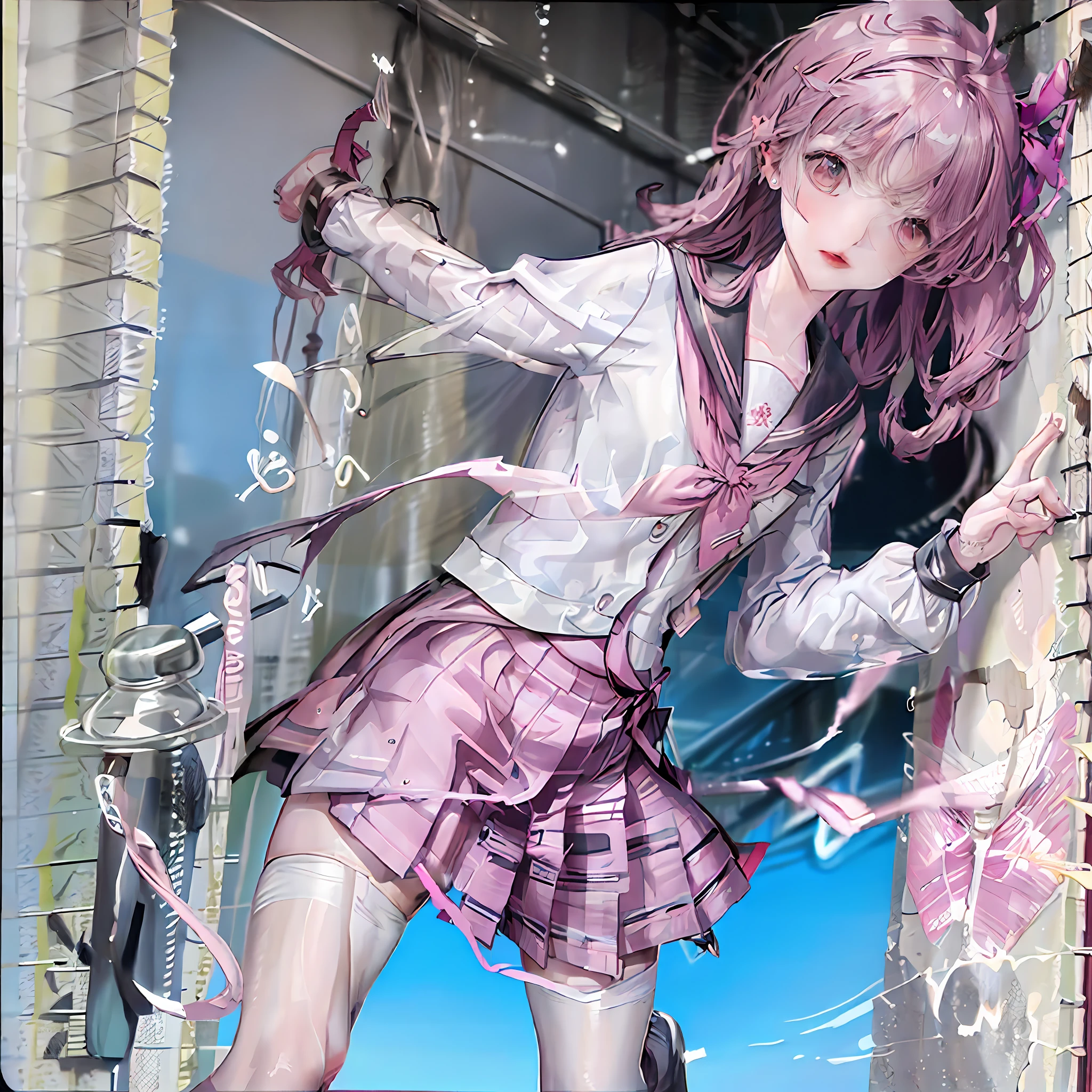 masterpiece, high quality, 1 girl, gray hair, long hair, pink eyes, (pureerosface_v1:0.7), stockings, pantyhose, transparent clothes, sexy pants, transparent pants, raining, beautiful skin, curvy, light on face, (open legs: 0.6), (NSFW: 0.4), looking at the audience, body facing the audience,