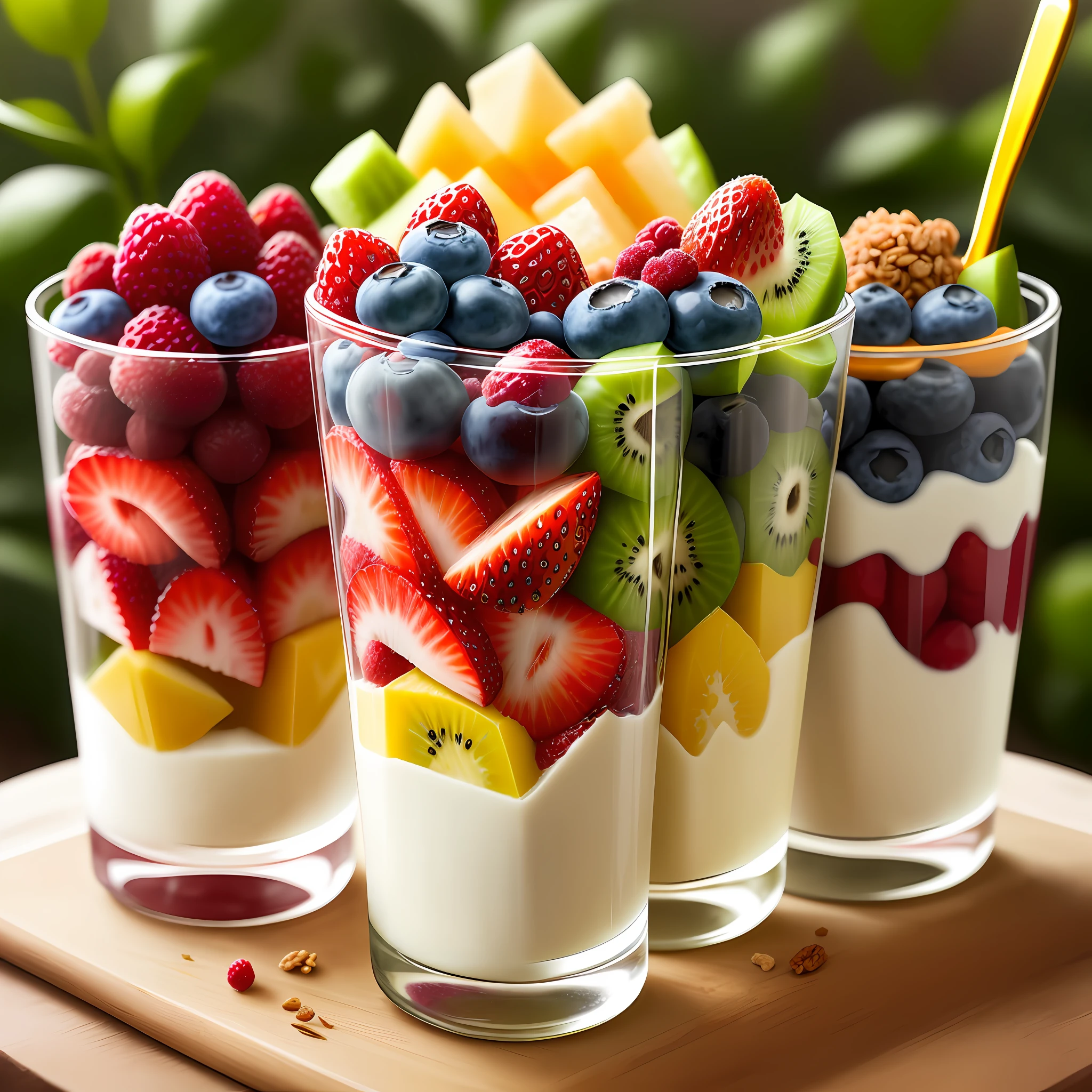 Clear! Here is a visual description of the Yogurt and Fruit Parfait recipe:
A transparent cup or container reveals layers of vibrant colors. At the base is a thick layer of natural low-fat yogurt, with a creamy tone. On top of the yogurt, there is a variety of chopped fresh fruits, such as bright red strawberries, juicy purple blueberries, and pieces of vibrant green kiwi. These fruits add a touch of freshness and an explosion of colors to the dessert. A tablespoon of granola with no added sugar is gently spread over the fruits, adding crunch and texture. Finally, small chia seeds are sprinkled over the granola, adding a touch of visual contrast. At the top of the glass, you can see the combination of colorful layers, creating an attractive, balanced and delicious dessert.