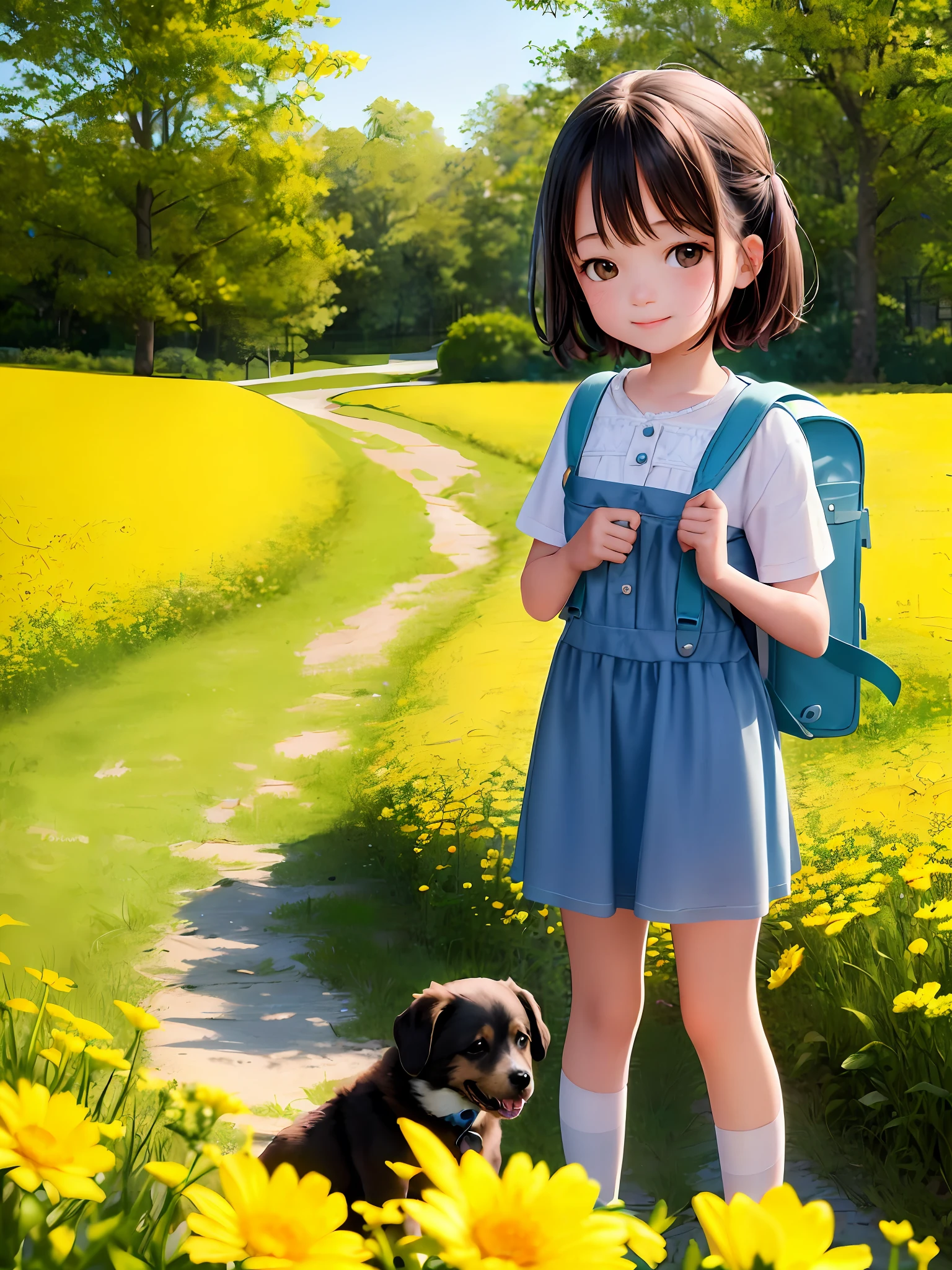 Tip: A very charming *********** with a backpack and her cute puppy enjoying a lovely spring outing surrounded by beautiful yellow flowers and nature. The illustration is a high-definition illustration in 4k resolution, featuring highly detailed facial features and cartoon-style visuals.