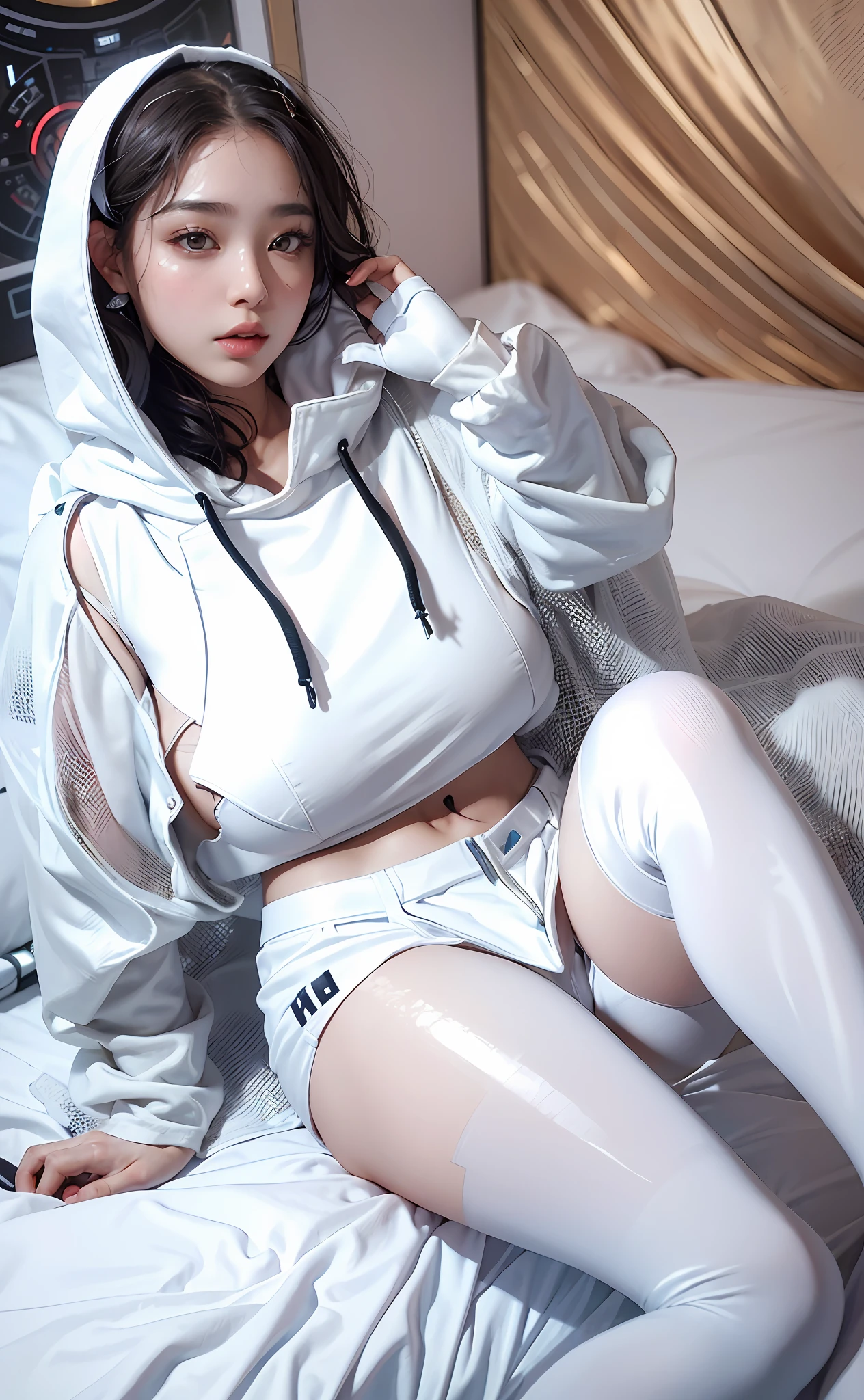 arafed woman beautiful asian girl, ig model | artgerm, asian girl, black haired girl wearing hoodie, korean girl, g(Best Quality, 8k, 32k, Masterpiece, UHD:1.3), (Photo of Attractive Japanese Woman), 1 Girl, ((Big Boobs:1.4)), (long wavy hair), Abs, Perfect Body, Ultra Detailed Face, Detailed Lips, Fine Eyes, double eyelids, pajamas, on the bed, (seductive), ((aroused:1.5)), ((areolae slip)), ((in heat)), ((milf)) sexy girl, busty, beautiful asian girl, gorgeous chinese model, jaw-dropping beauty, girl in mecha cyber armor, ferra white mecha, female mecha, mechanized valkyrie girl, beutiful white girl cyborg, armor girl, clothed in sci-fi military armor, scifi woman, in white futuristic armor, gorgeous female paladin, mechanized soldier girl