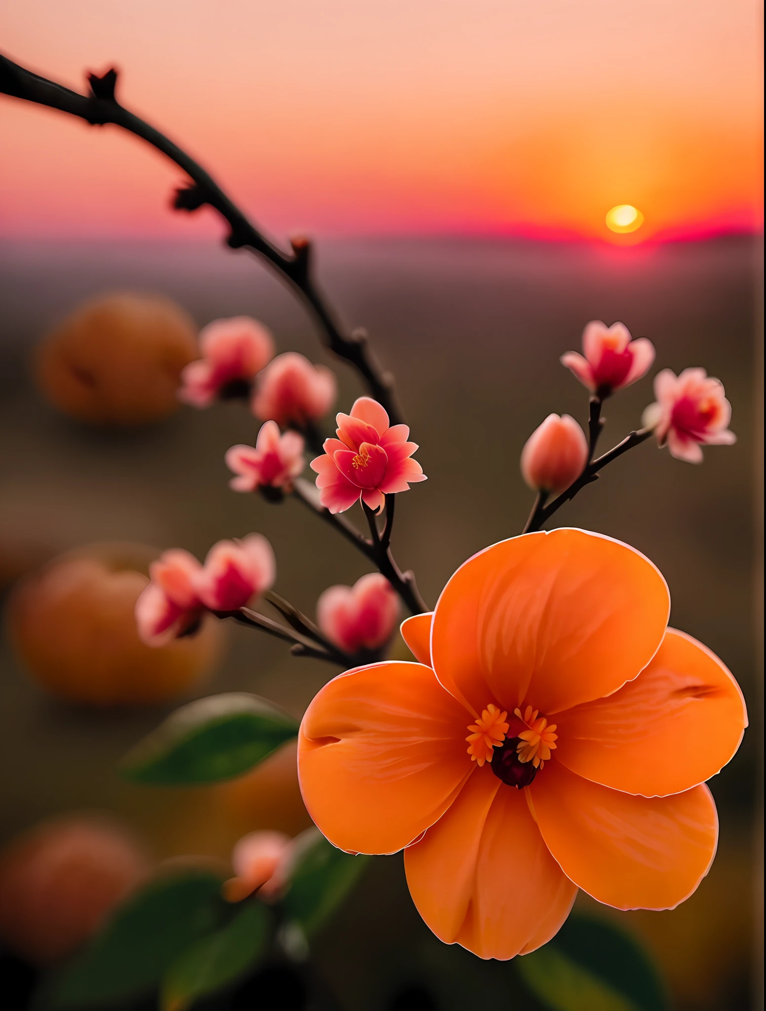 a (closeup (Apricot pink flower:1.2):1.3), a branch of a tree with Japanese, (sunset:1.5), lightroom, hdr, cinematic, (dark color:1.1), full zoom