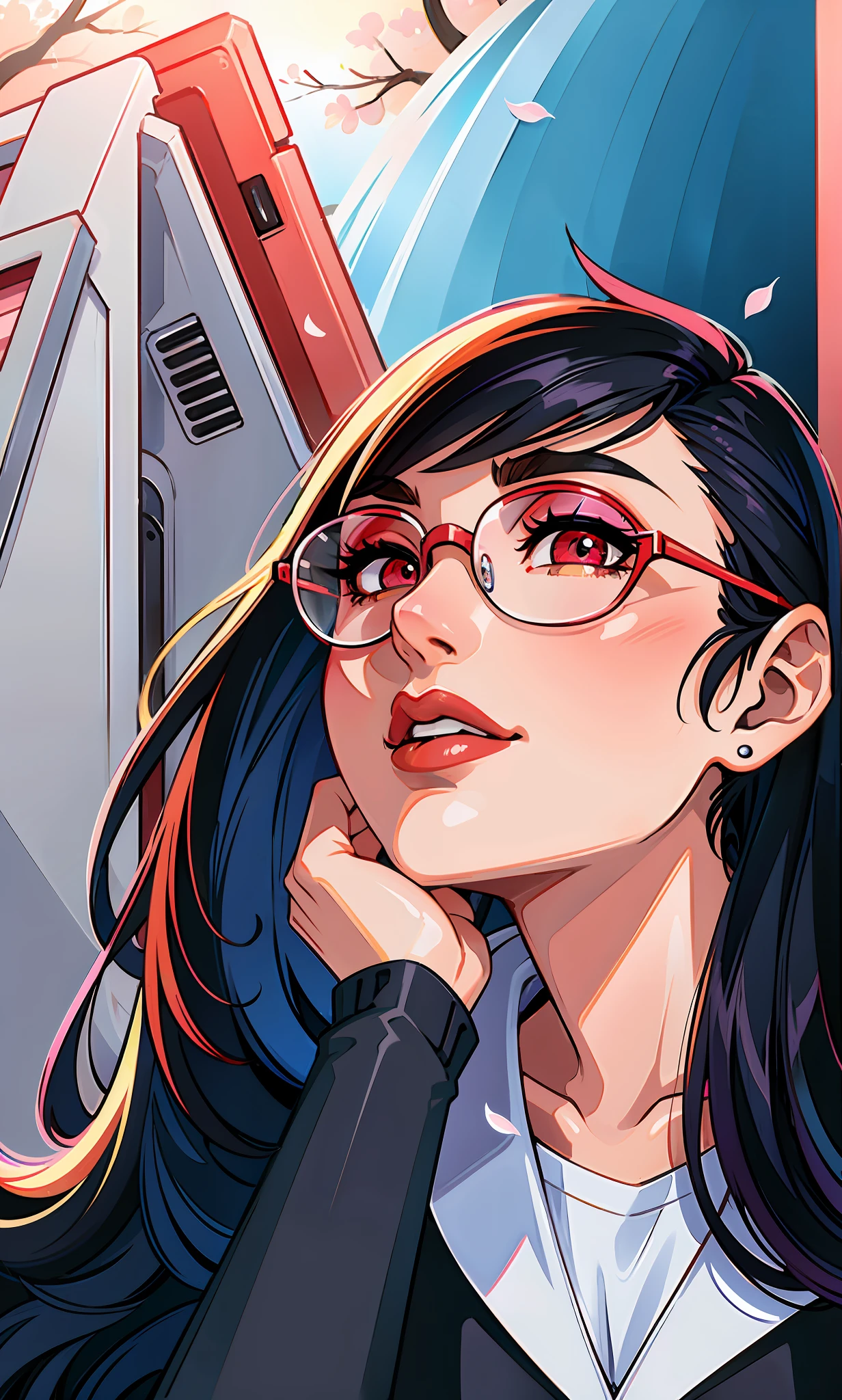 (masterpiece),(best quality:1.0), (ultra highres:1.0), detailed illustration, 8k, anime, 1girl, beautiful anime girl, wearing a white top, glasses, pretty face, detailed face, beautiful eyes, detailed eyes, dark red eyes, bright red lips, red lipstick, black hair, beautiful stylish hair, highlights in hair, bangs anime style, cherry blossom, pink theme, best quality, vibrant