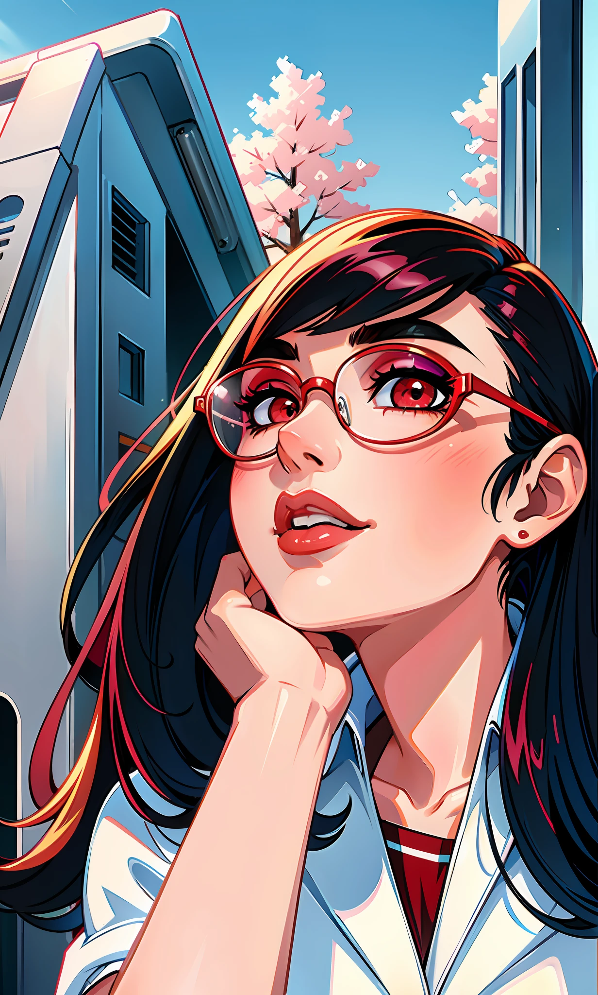(masterpiece),(best quality:1.0), (ultra highres:1.0), detailed illustration, 8k, anime, 1girl, beautiful anime girl, wearing a white top, glasses, pretty face, detailed face, beautiful eyes, detailed eyes, dark red eyes, bright red lips, red lipstick, black hair, beautiful stylish hair, highlights in hair, bangs anime style, cherry blossom, pink theme, best quality, vibrant