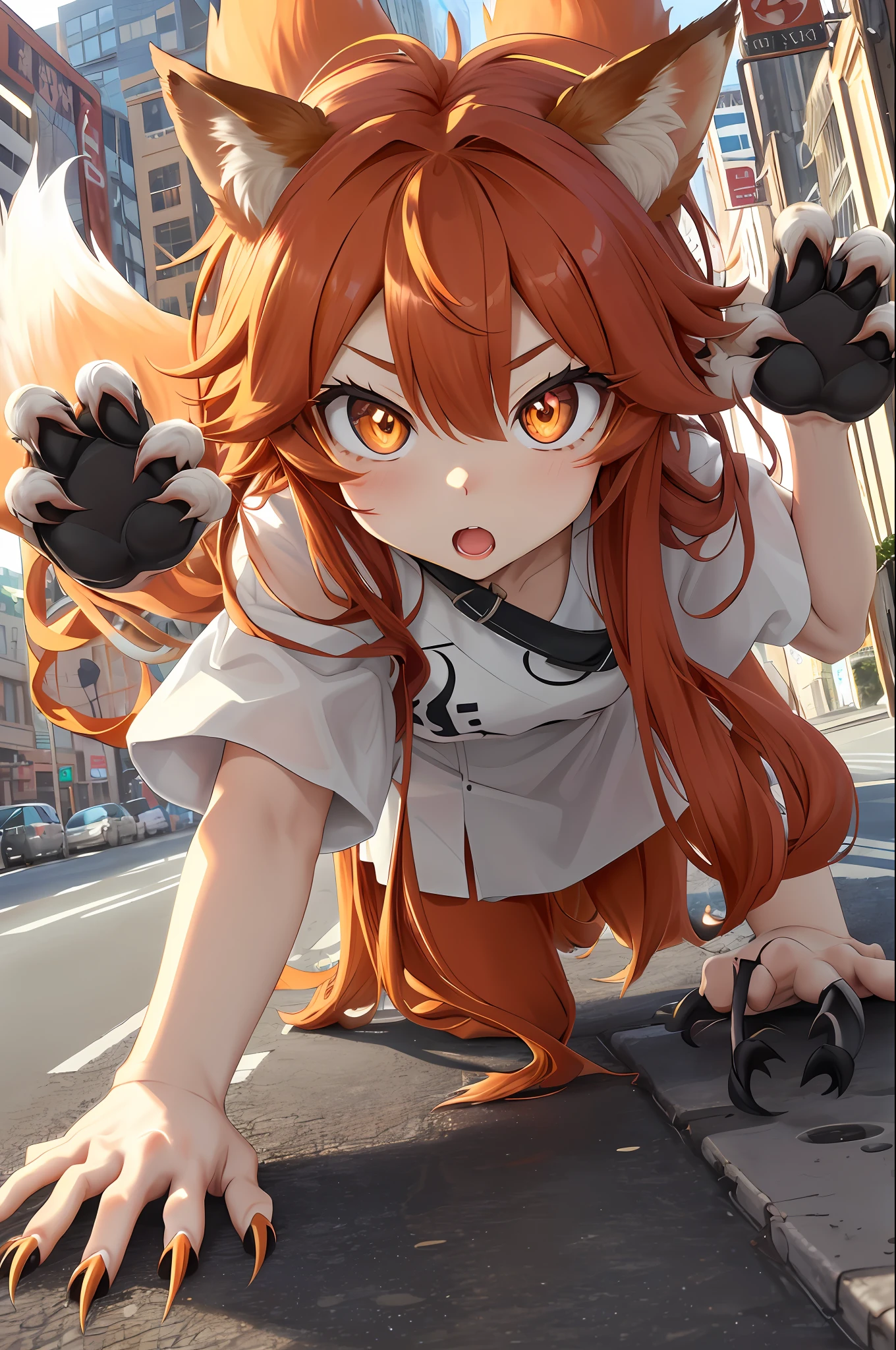 (Pov Wide-Angle 30mm)) ((stronger foxgirl , big eyse dilated pupils , cute , hand Claw , crawls , )) in city