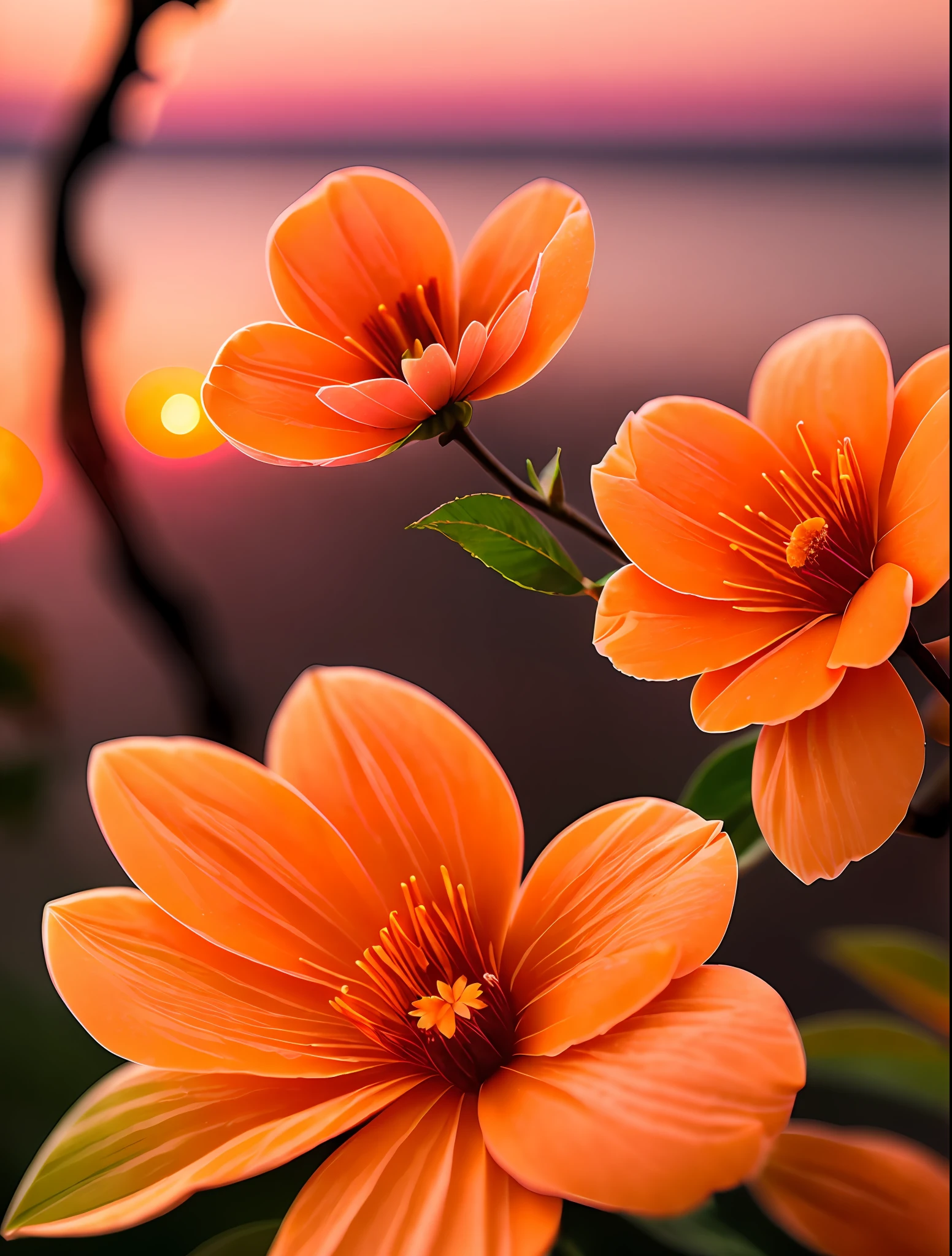a (closeup (Apricot pink flower:1.2):1.3), a branch of a tree with Japanese, (sunset:1.5), lightroom, hdr, cinematic, (dark color:1.1)