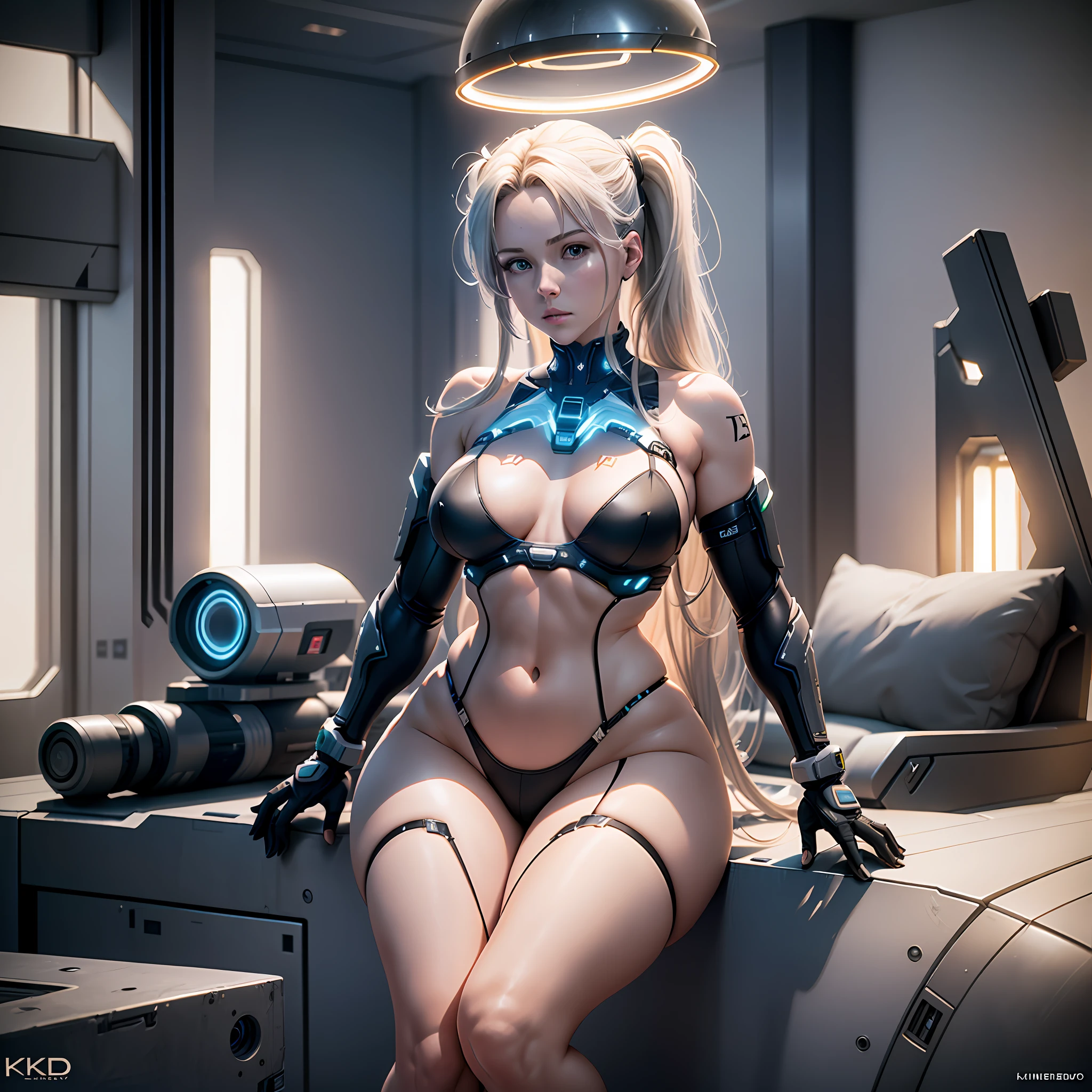 (full body), (alone), Halo Series, Kai-125, (Kate Kennedy), high resolution, totally realistic, wide hips, thick thighs, very small breasts, wearing a micro bikini, 4K, normal hands, delicate hands, normal fingers, in a futuristic room, (no clothes), (no clothes), studio lighting,