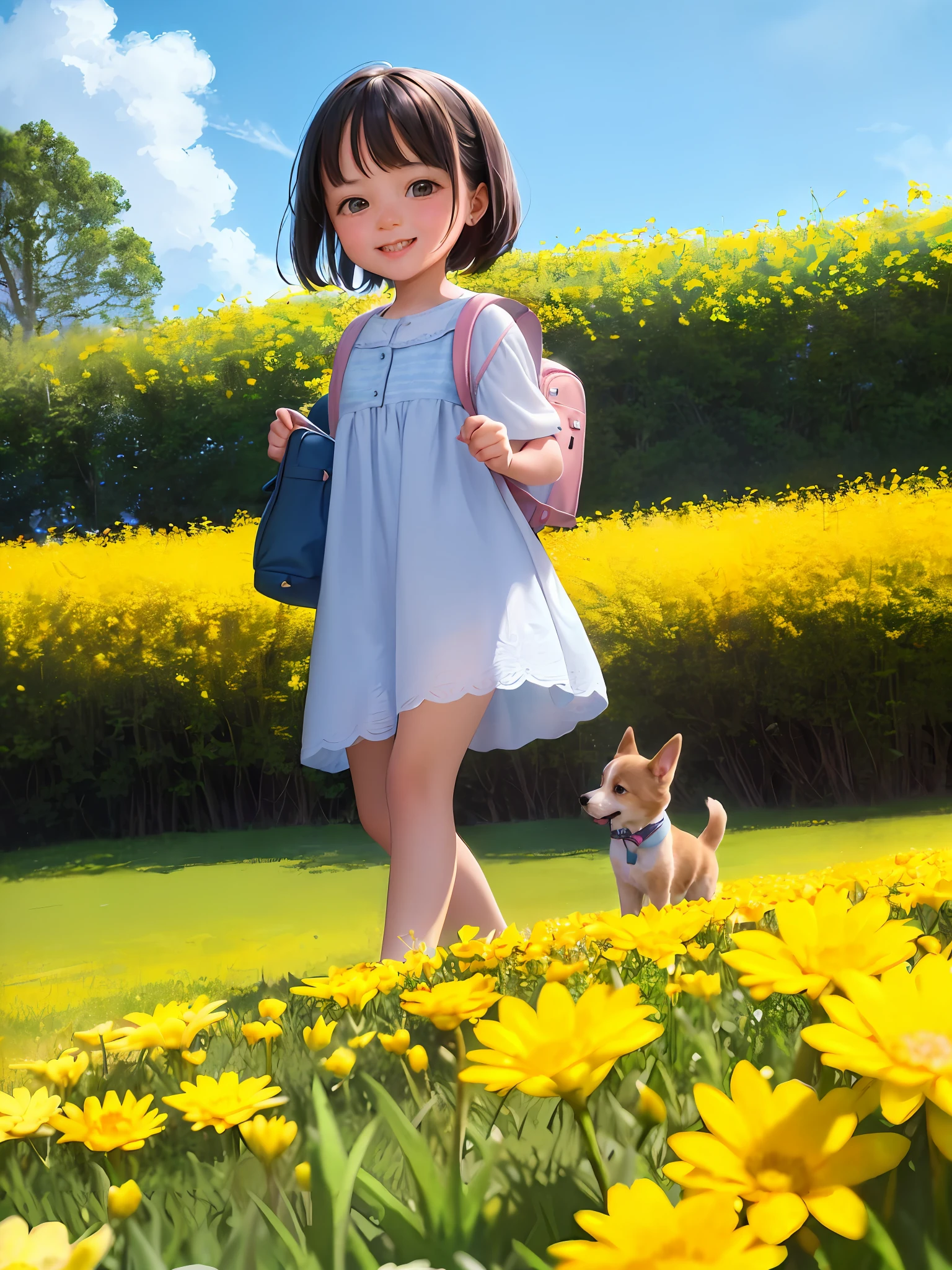 Tip: A very charming *********** with a backpack and her cute puppy enjoying a lovely spring outing surrounded by beautiful yellow flowers and nature. The illustration is a high-definition illustration in 4k resolution, featuring highly detailed facial features and cartoon-style visuals.