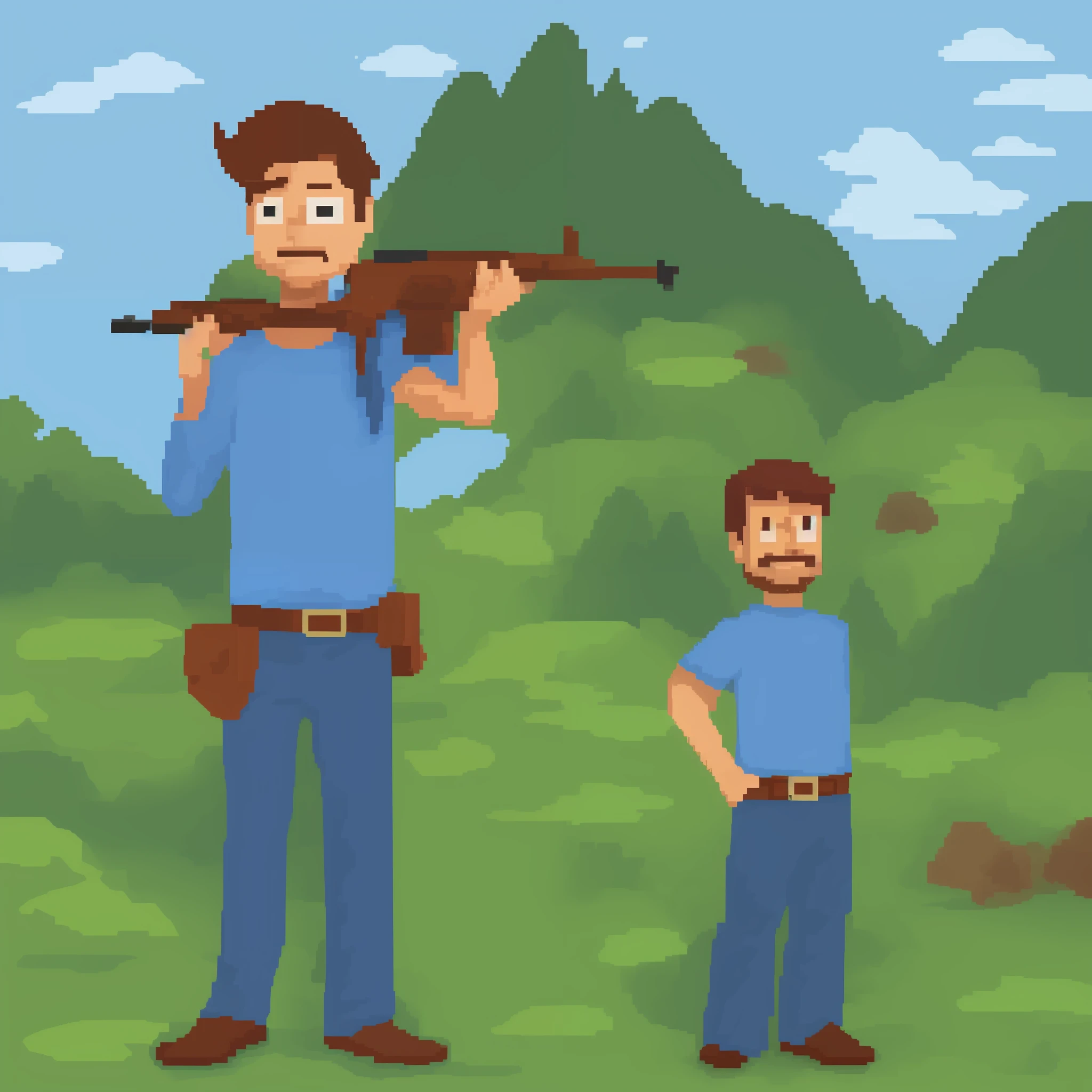 Masterpiece, portrait of Steve character, pixel art, model shooting style, country background, Jacher style