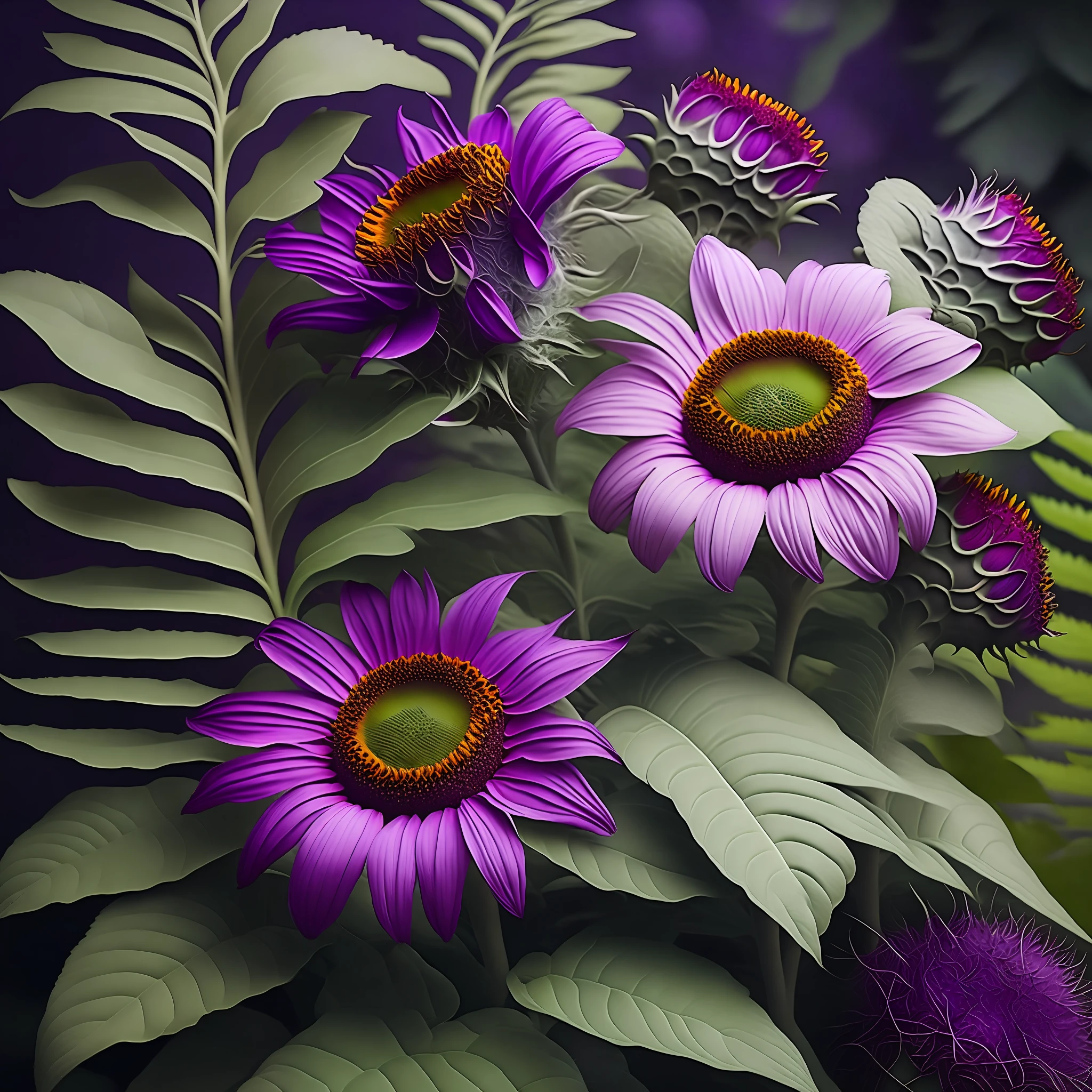 "({{(purple flowers)| (purple sunflowers)}} :1.2, {(tropical plants)|( ferns)}:1.1), enchanted rainforest, lush surroundings, vibrant colors, high resolution."