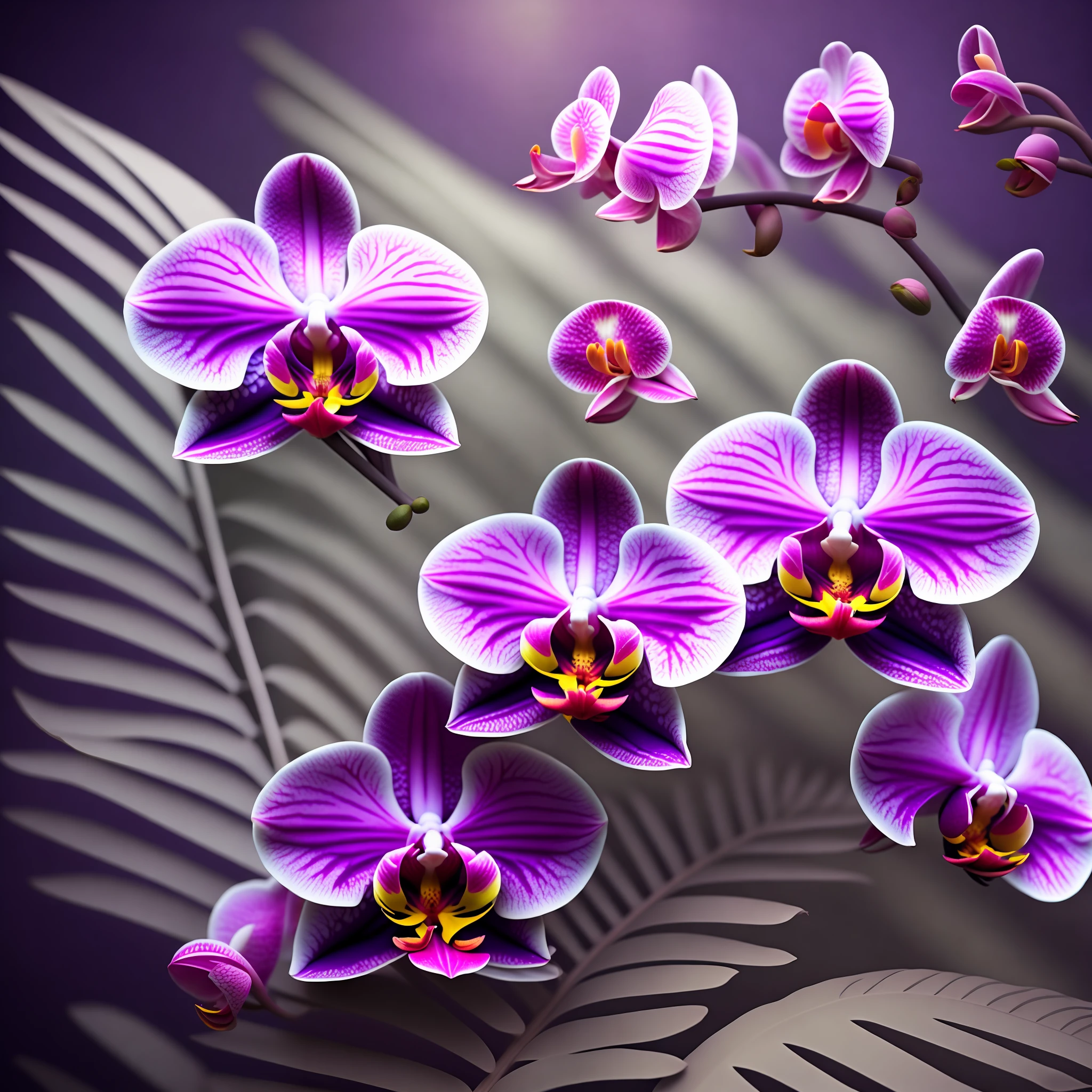 "({{(purple flowers)| (purple orchids)}} :1.2, {(tropical plants)|( ferns)}:1.1), magical environment, lush scenery, vibrant colors, high resolution."