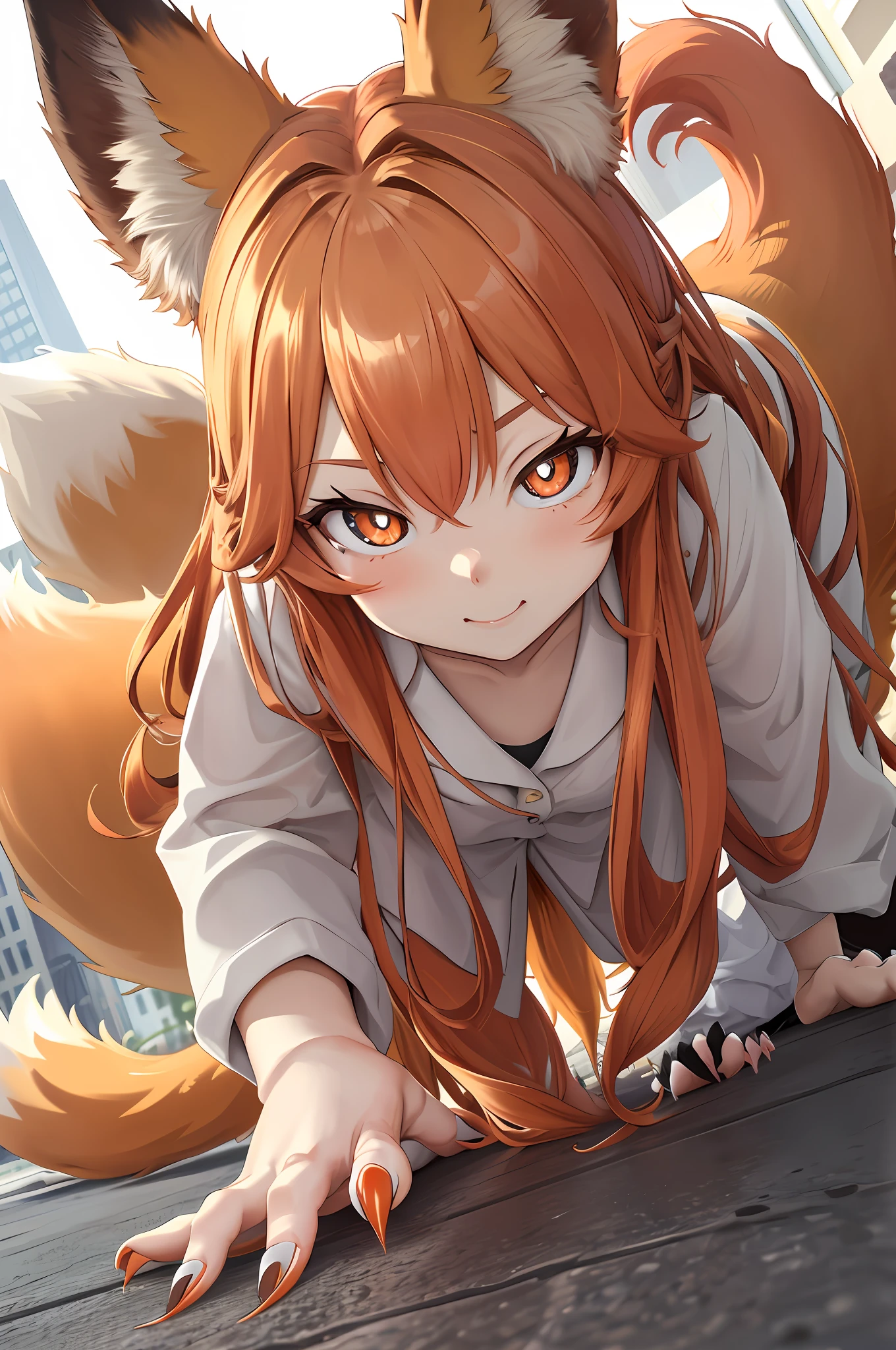 (Pov Wide-Angle 30mm)) ((stronger foxgirl , big eyse dilated pupils , cute , hand Claw , crawls , )) in city